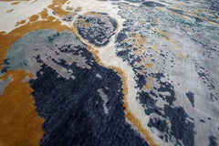 Blue and Ocher Abstract Design Carpet Linen Wool Mohair Rug Hand Knottet India