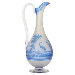 Antique Blue and Opaque Etched Glass Ewer by Baccarat