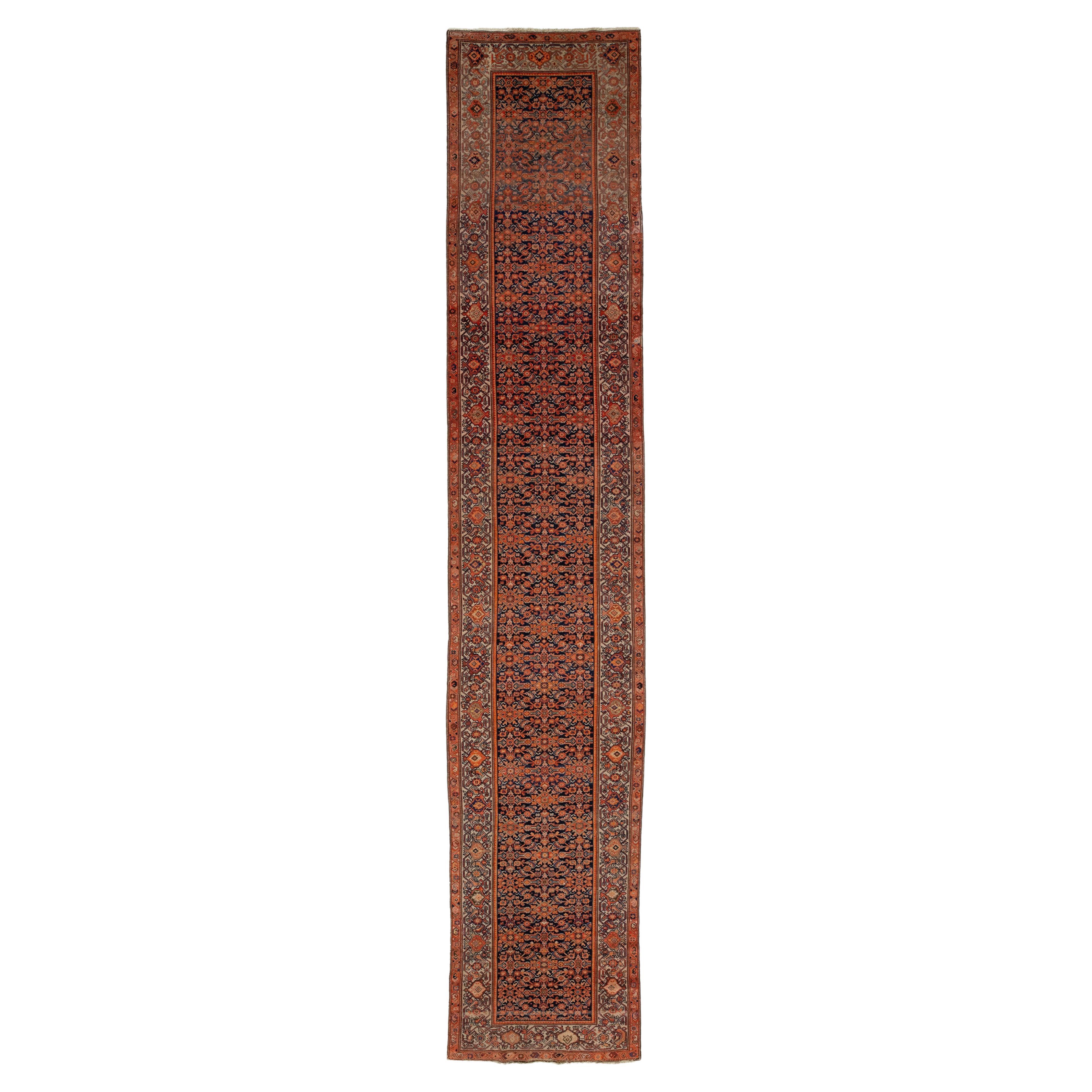 Blue and Orange Antique Malayer Wool Runner With Allover Floral Design