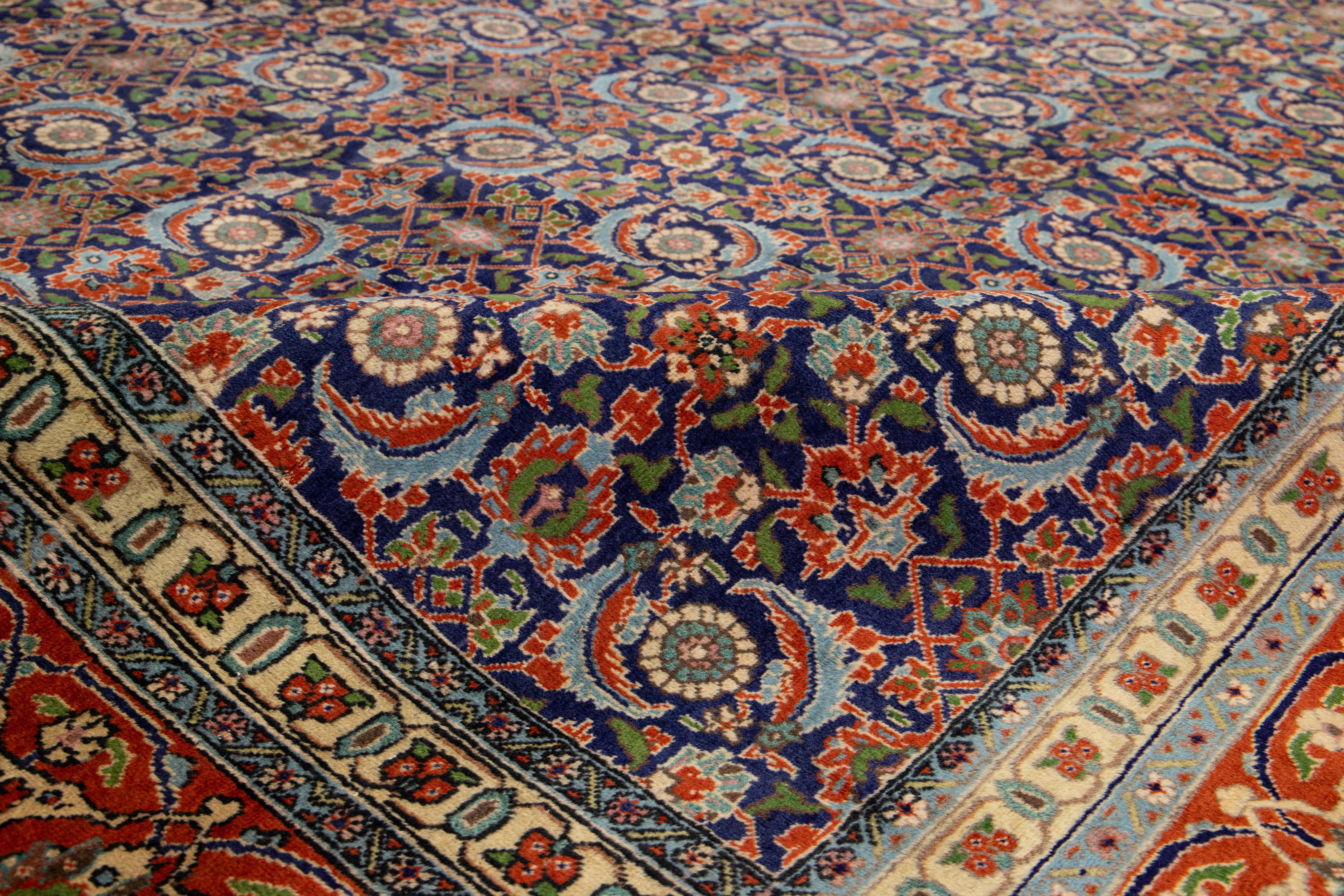 Blue and Orange Antique Wool Rug Persian Tabriz From 1920s with allover Design For Sale 5