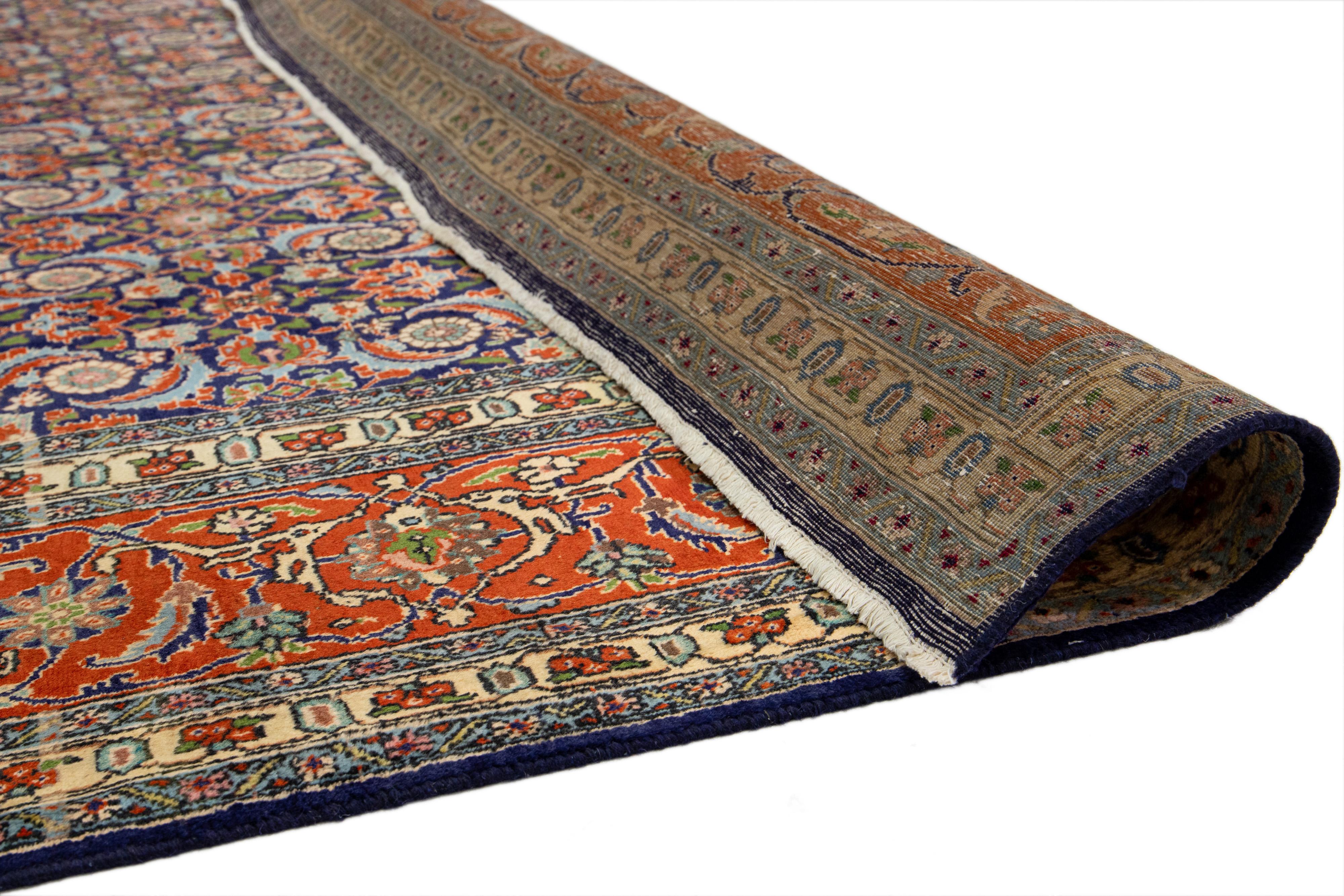 Hand-Knotted Blue and Orange Antique Wool Rug Persian Tabriz From 1920s with allover Design For Sale
