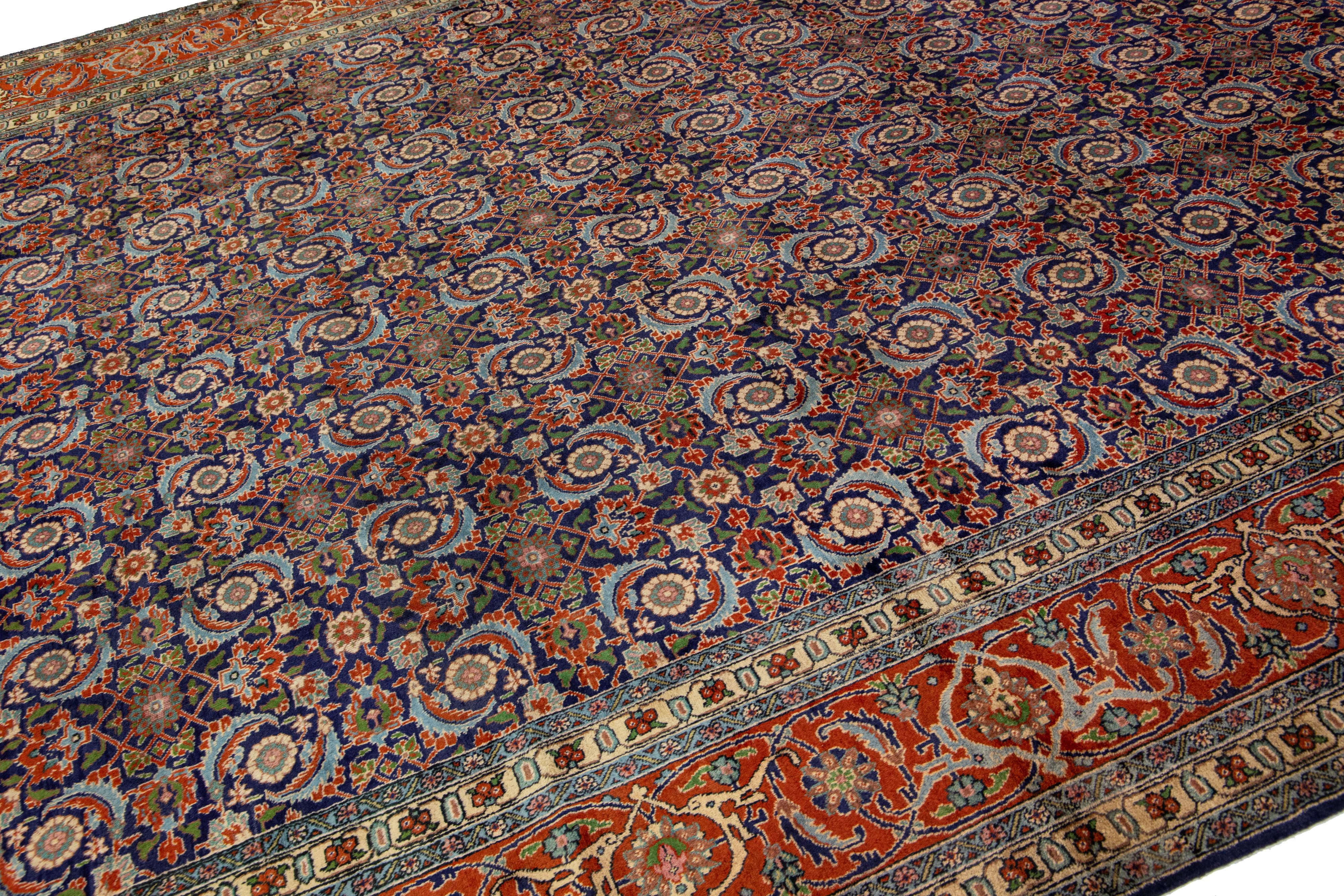 Blue and Orange Antique Wool Rug Persian Tabriz From 1920s with allover Design In Good Condition For Sale In Norwalk, CT