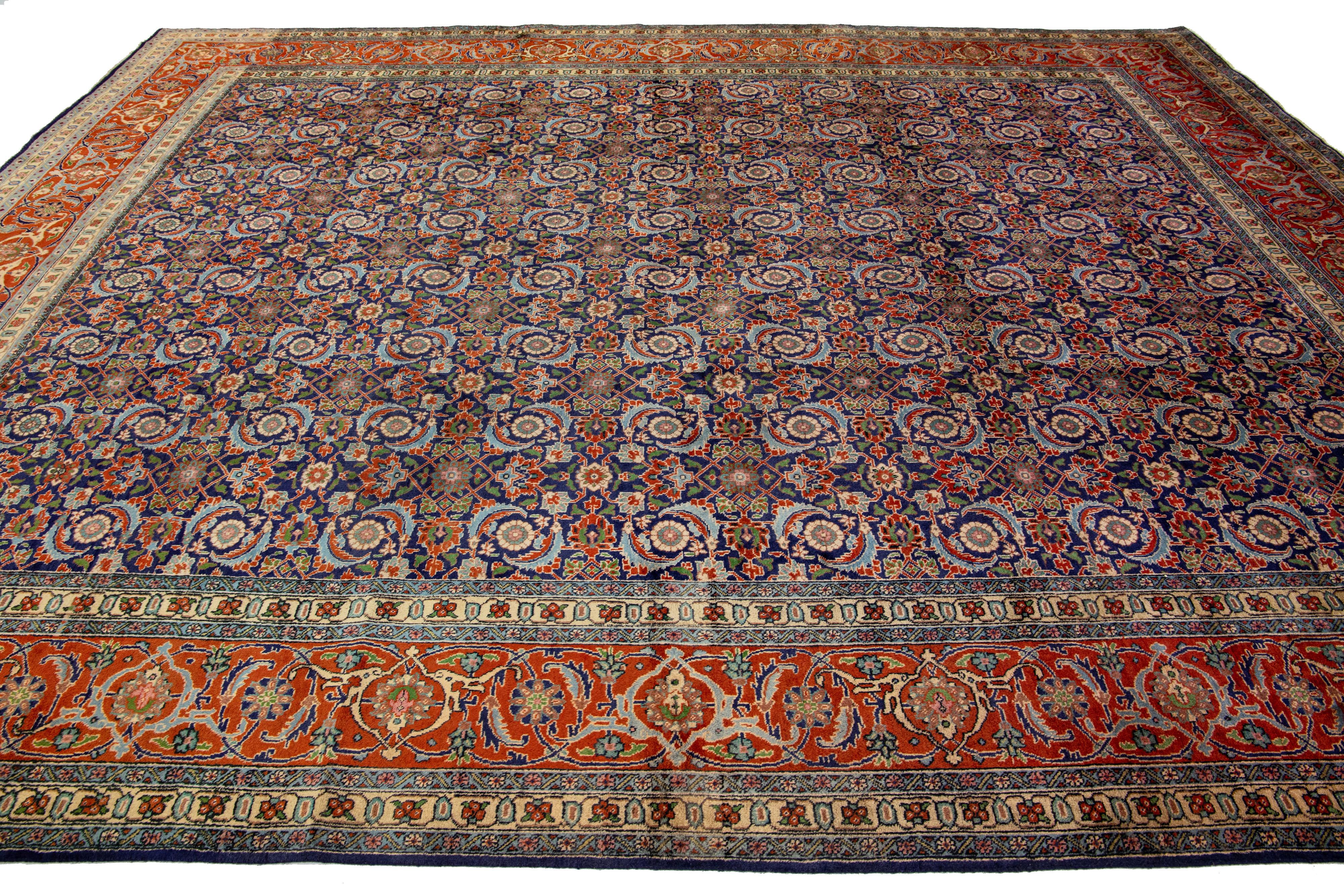 20th Century Blue and Orange Antique Wool Rug Persian Tabriz From 1920s with allover Design For Sale
