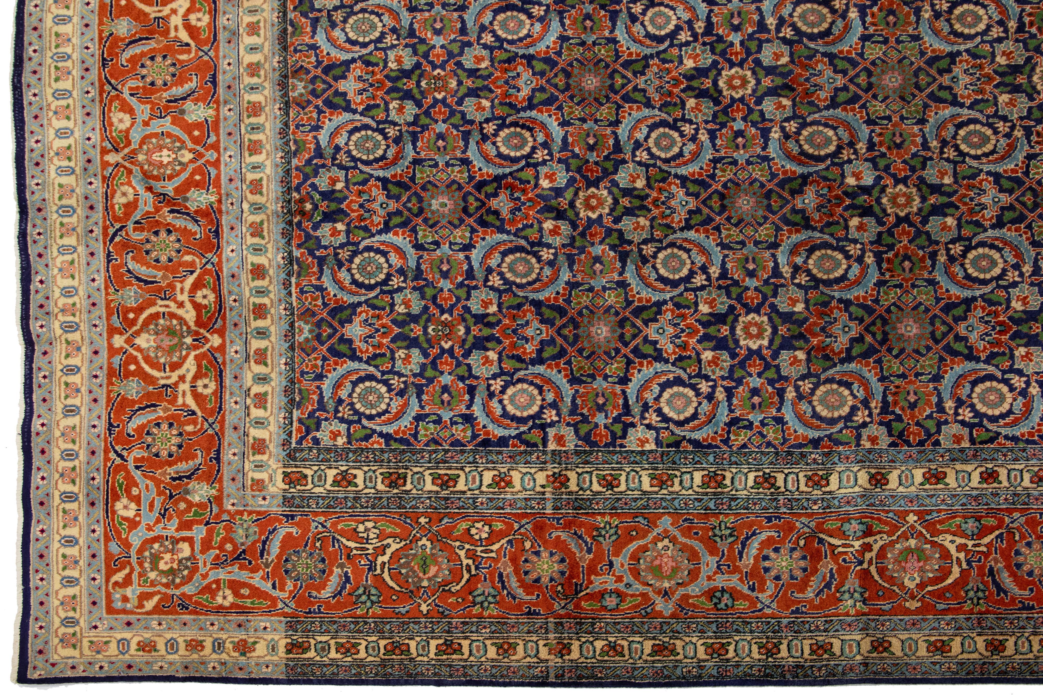 Blue and Orange Antique Wool Rug Persian Tabriz From 1920s with allover Design For Sale 1