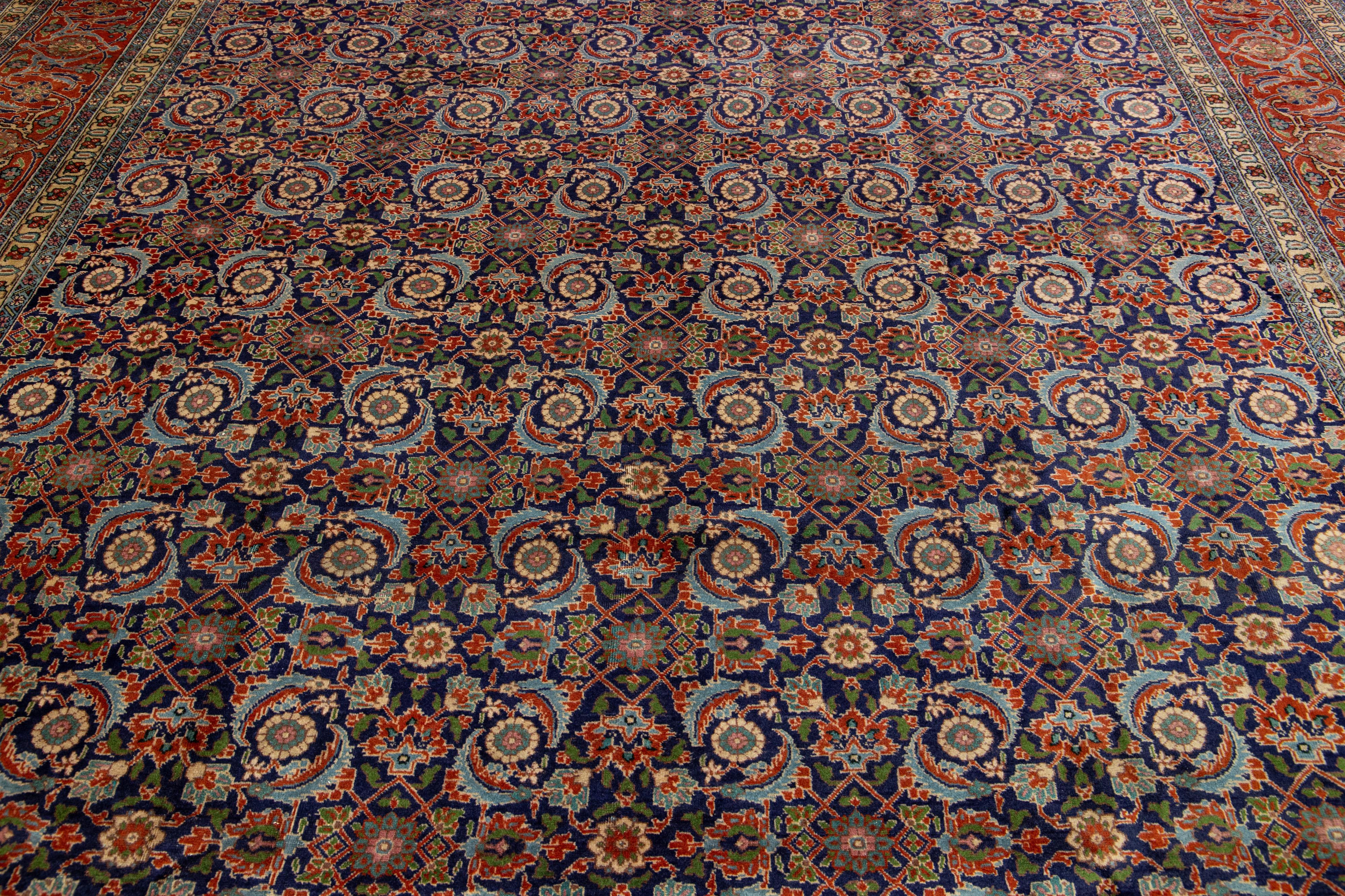 Blue and Orange Antique Wool Rug Persian Tabriz From 1920s with allover Design For Sale 2
