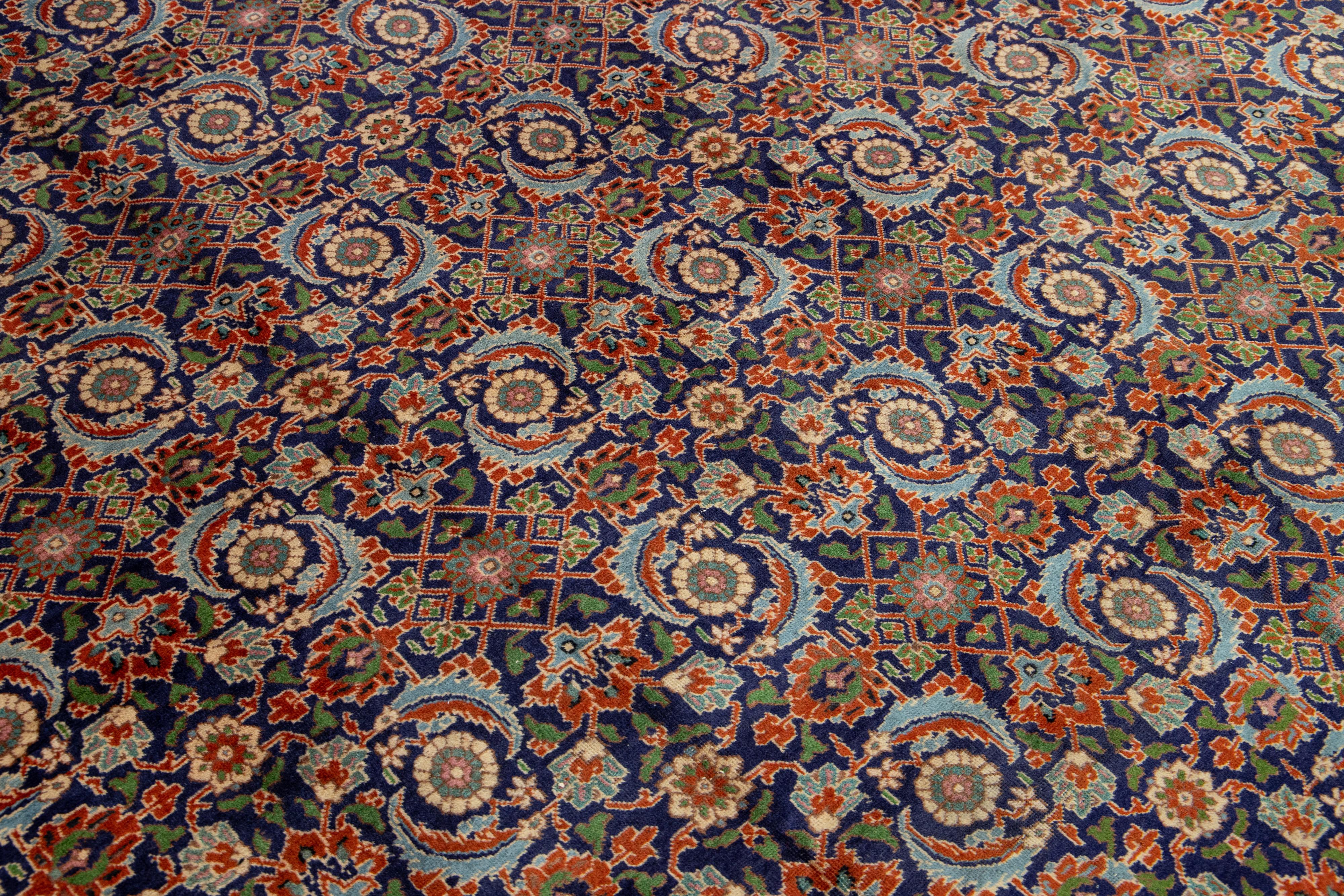 Blue and Orange Antique Wool Rug Persian Tabriz From 1920s with allover Design For Sale 3