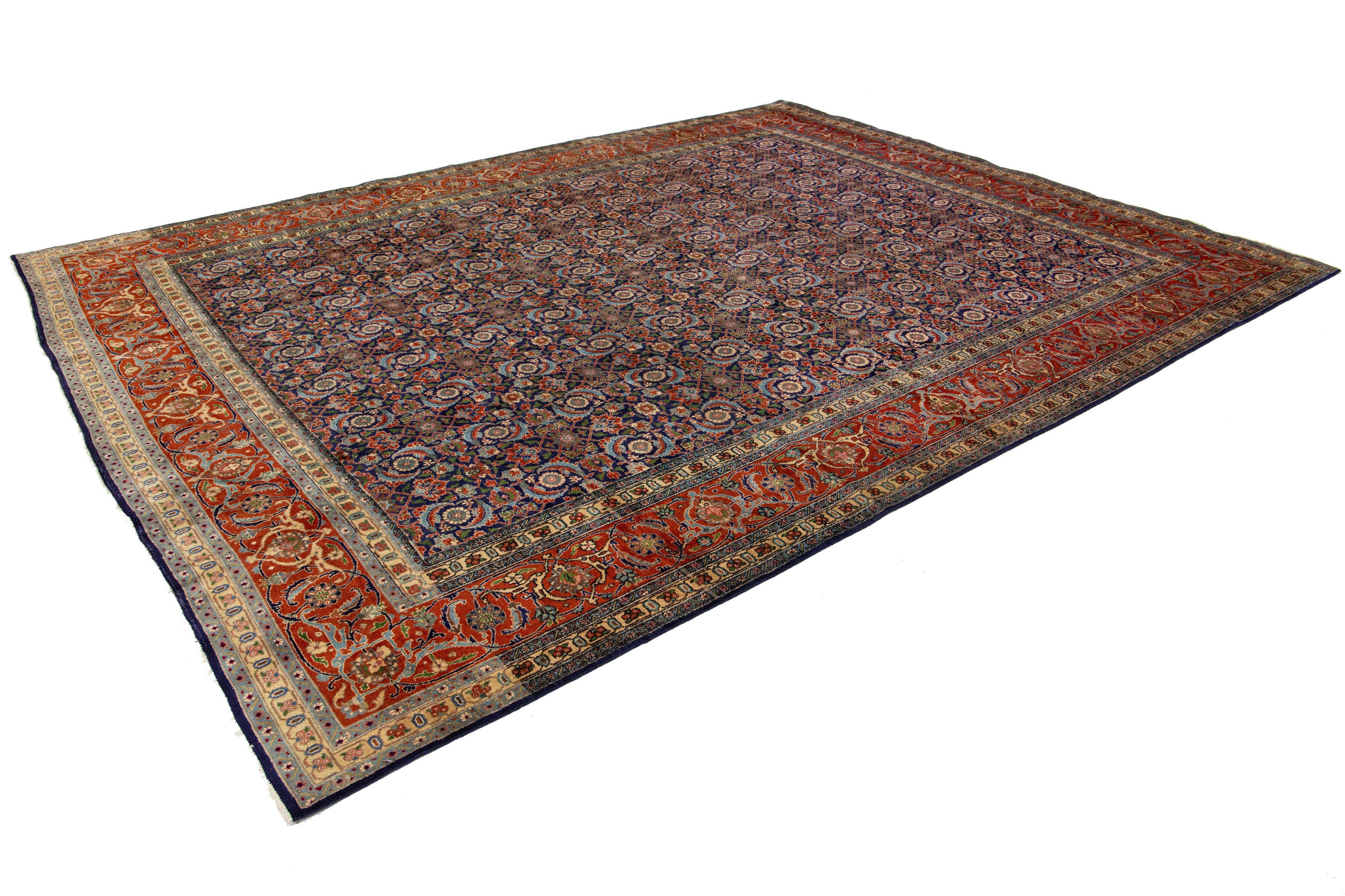 Blue and Orange Antique Wool Rug Persian Tabriz From 1920s with allover Design For Sale 4