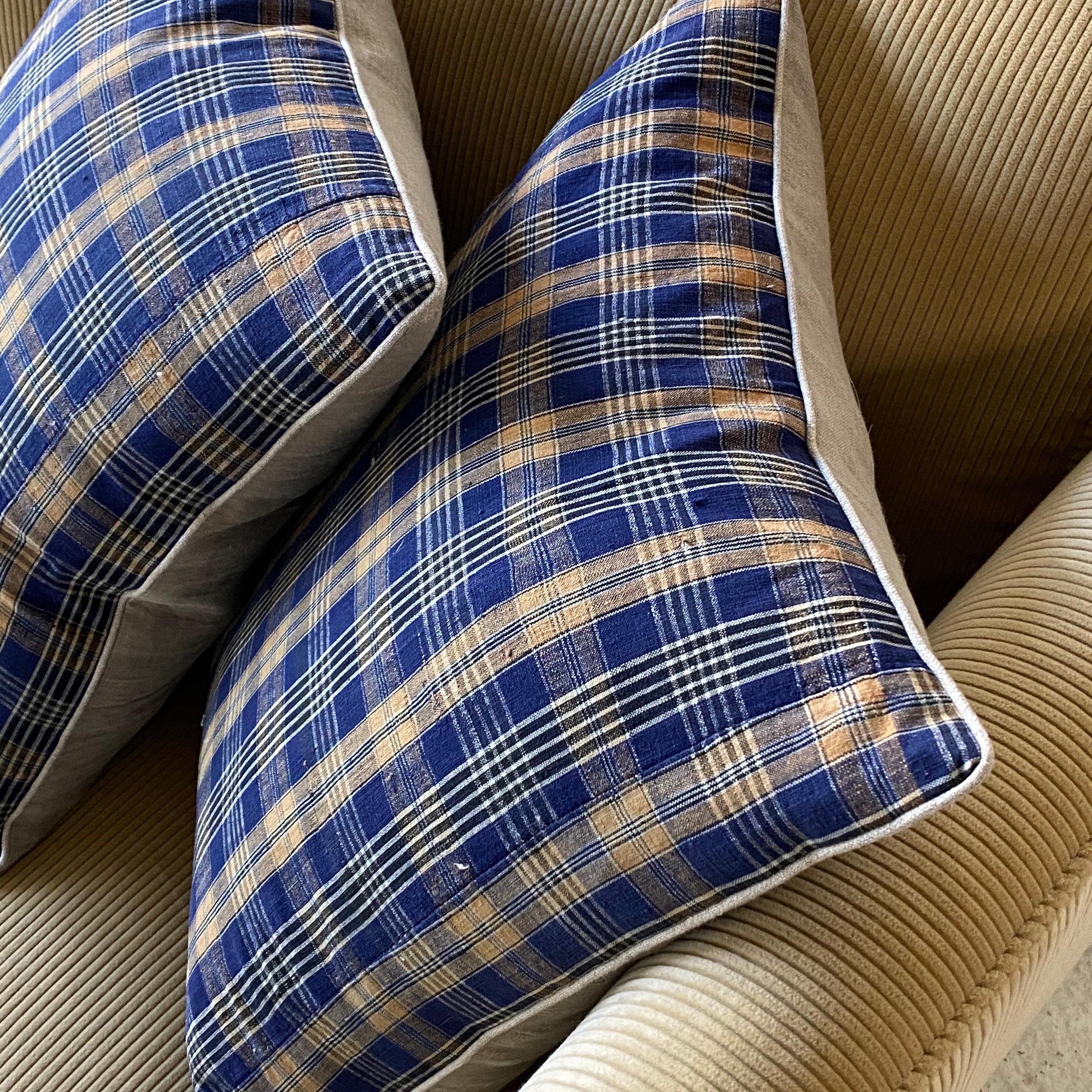 Blue and orange plaid madras pillow made from Antique textiles, feather and down insert included.