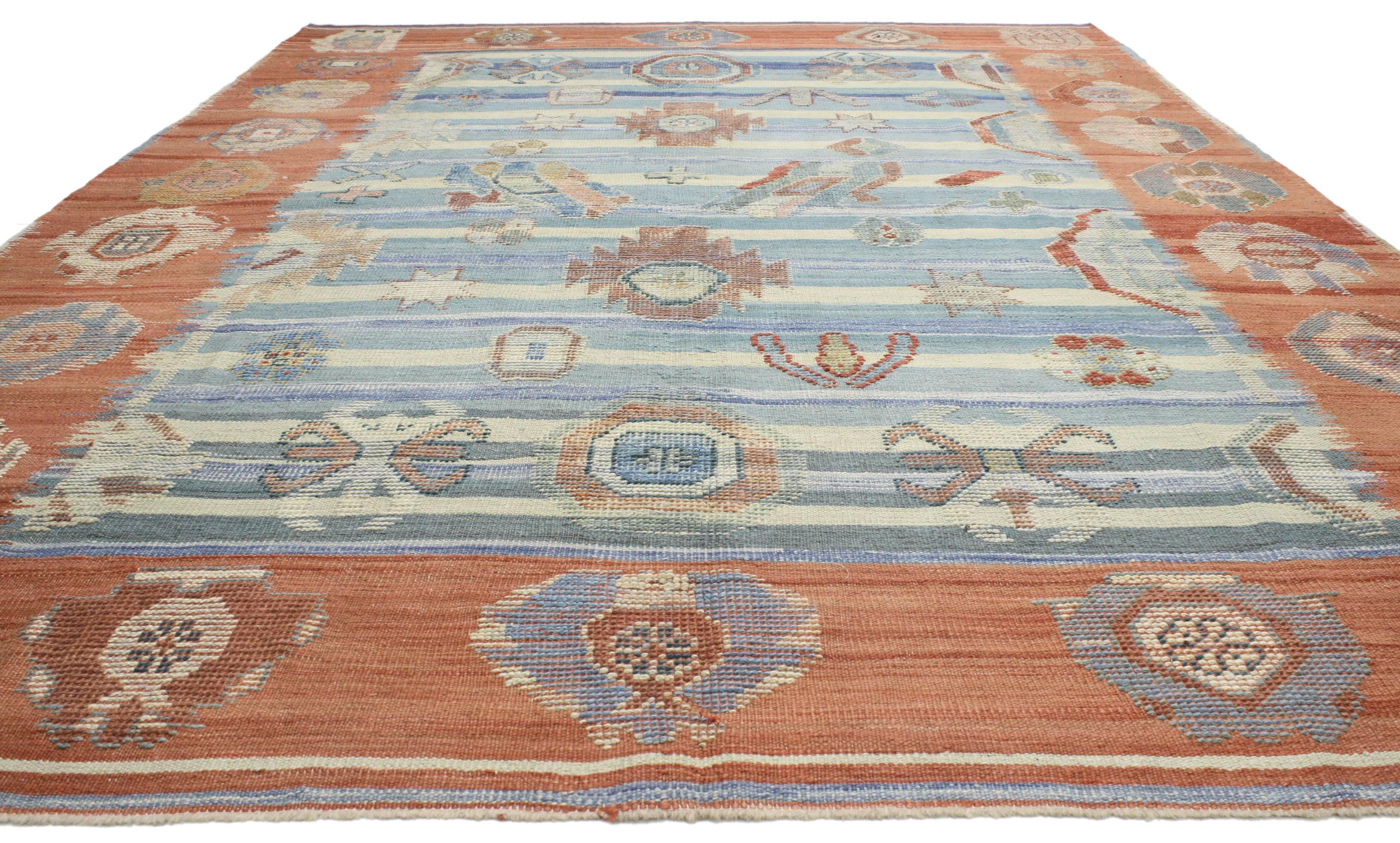 Hand-Woven Blue and Orange Turkish Kilim Rug with Tribal Style