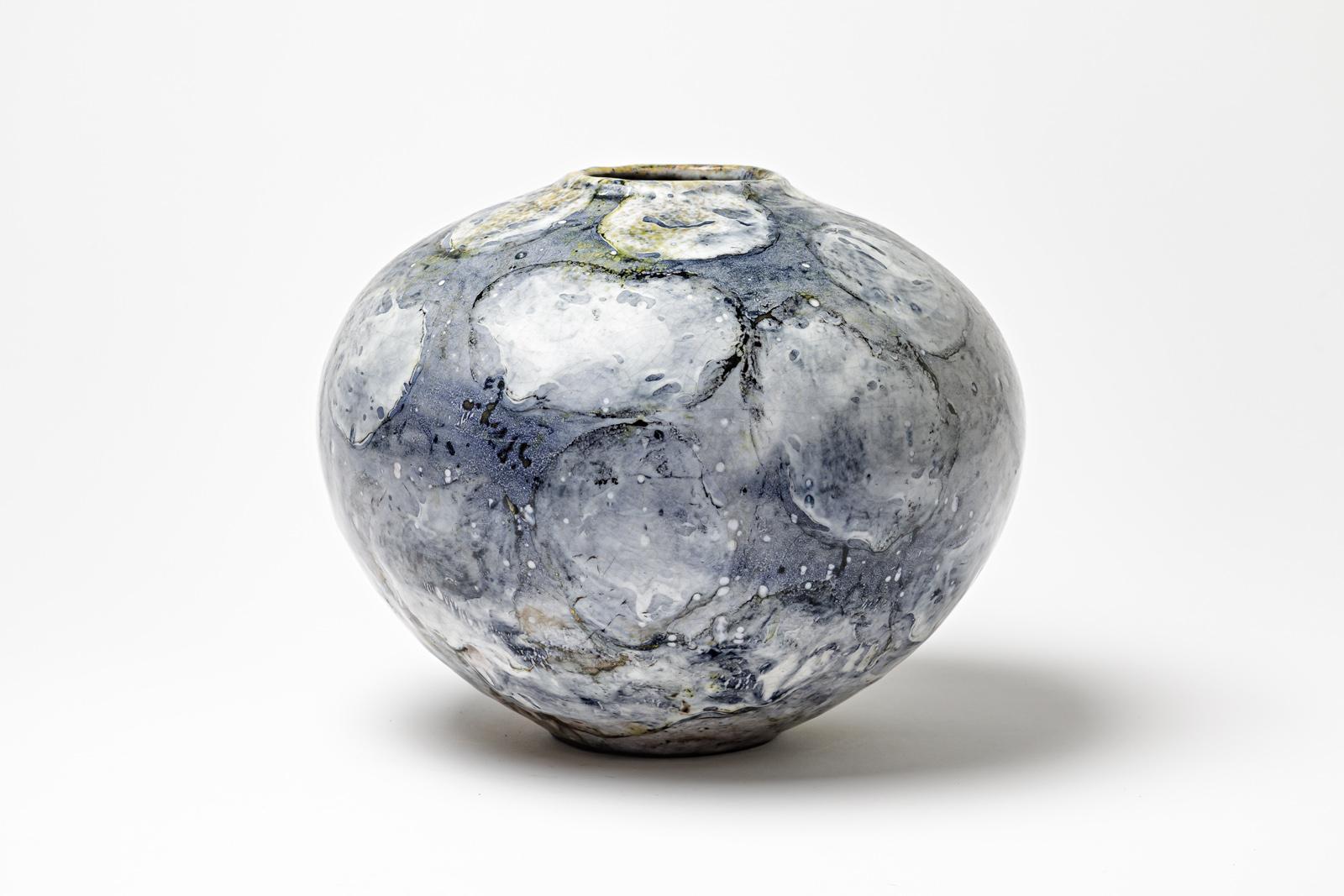 Beaux Arts Blue and pearly white glazed ceramic vase by Gisèle Buthod Garçon, circa 1980-90 For Sale