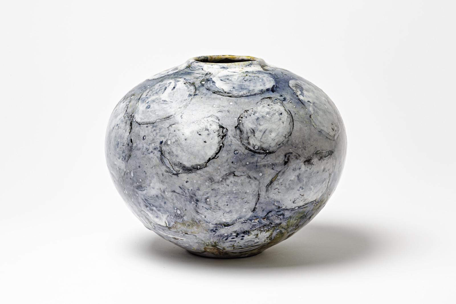 French Blue and pearly white glazed ceramic vase by Gisèle Buthod Garçon, circa 1980-90 For Sale