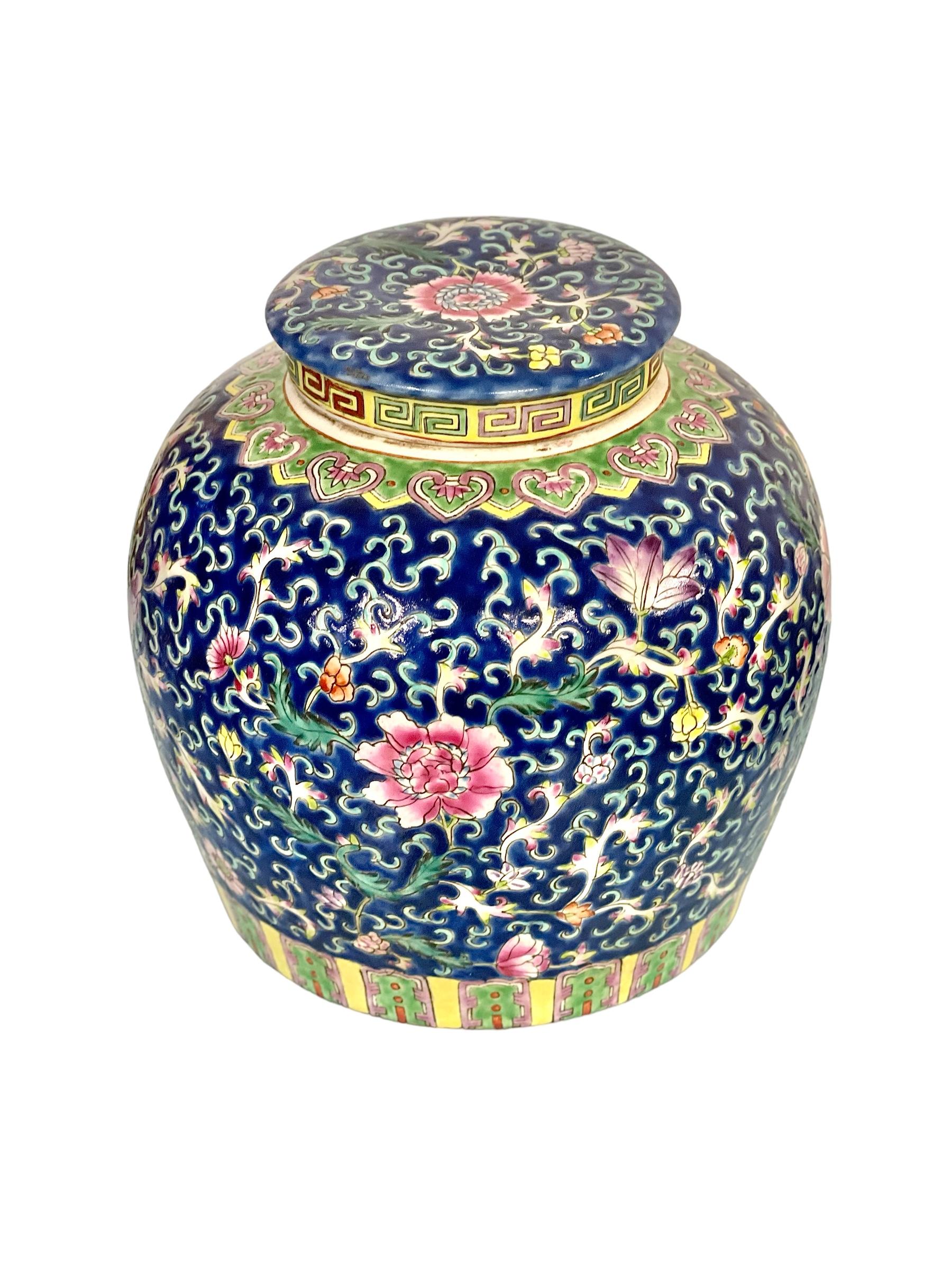 Enameled Blue and Pink Chinese Enamelled Porcelain Ginger Lidded Jar, Famille Rose For Sale