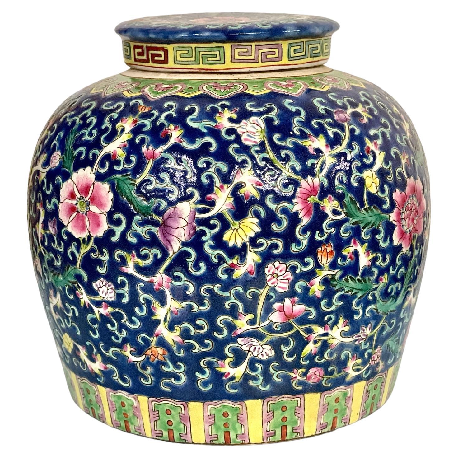 Blue and Pink Chinese Enamelled Porcelain Ginger Lidded Jar, Famille Rose For Sale