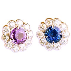 Blue and Pink Sapphire and Diamond Flower Shaped in 18 Karat White Gold Earrings