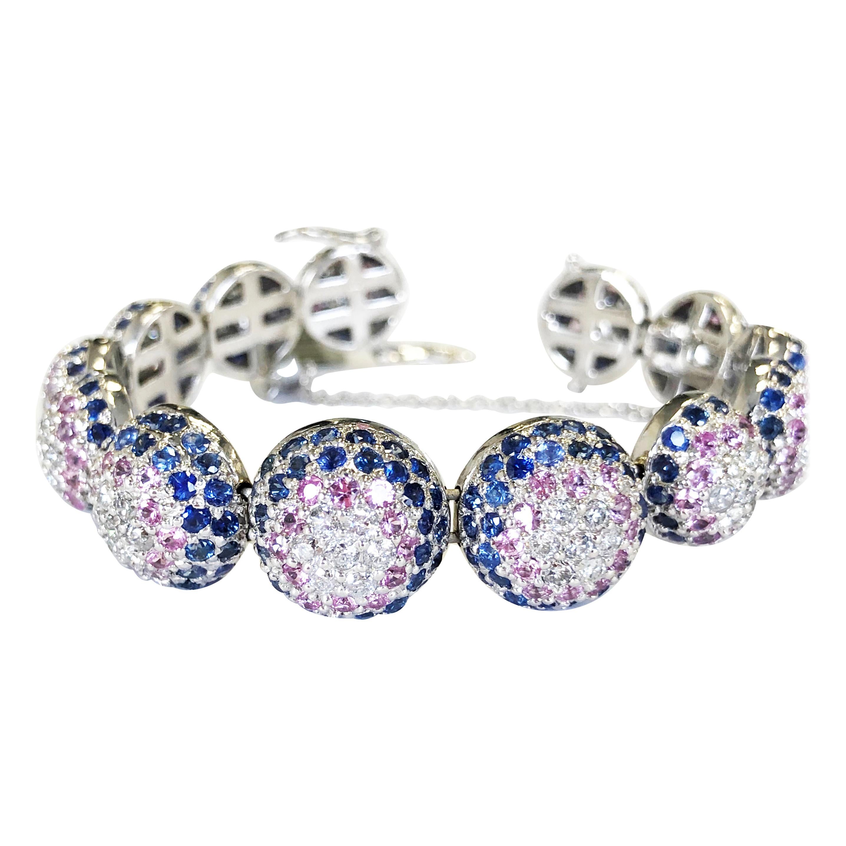 Blue and Pink Sapphire and White Diamond Bangle Bracelet in 18 Karat White Gold