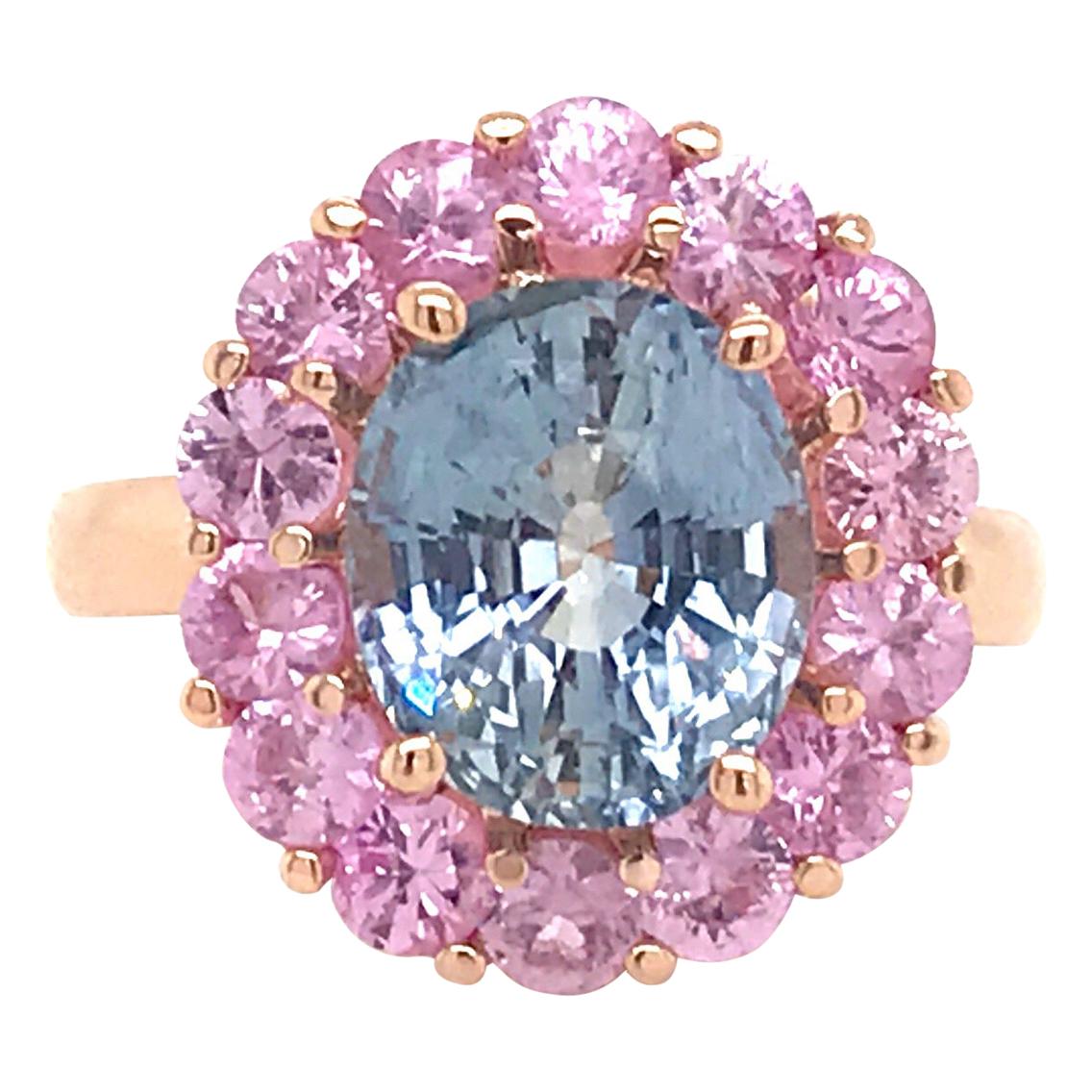 Blue and Pink Sapphire Cocktail Cluster Ring 6.63 Carat 14 Karat Yellow Gold