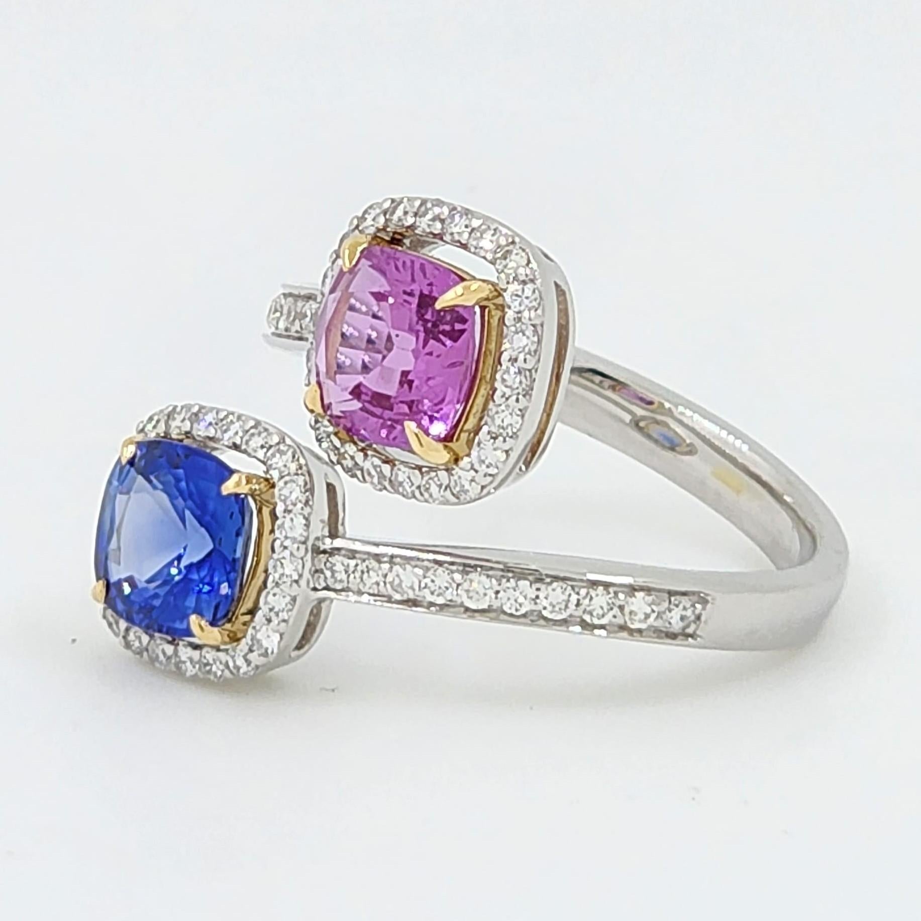 Contemporary Blue and Pink Sapphire Diamond Toi Et Moi Ring in 18 Karat Yellow and White Gold