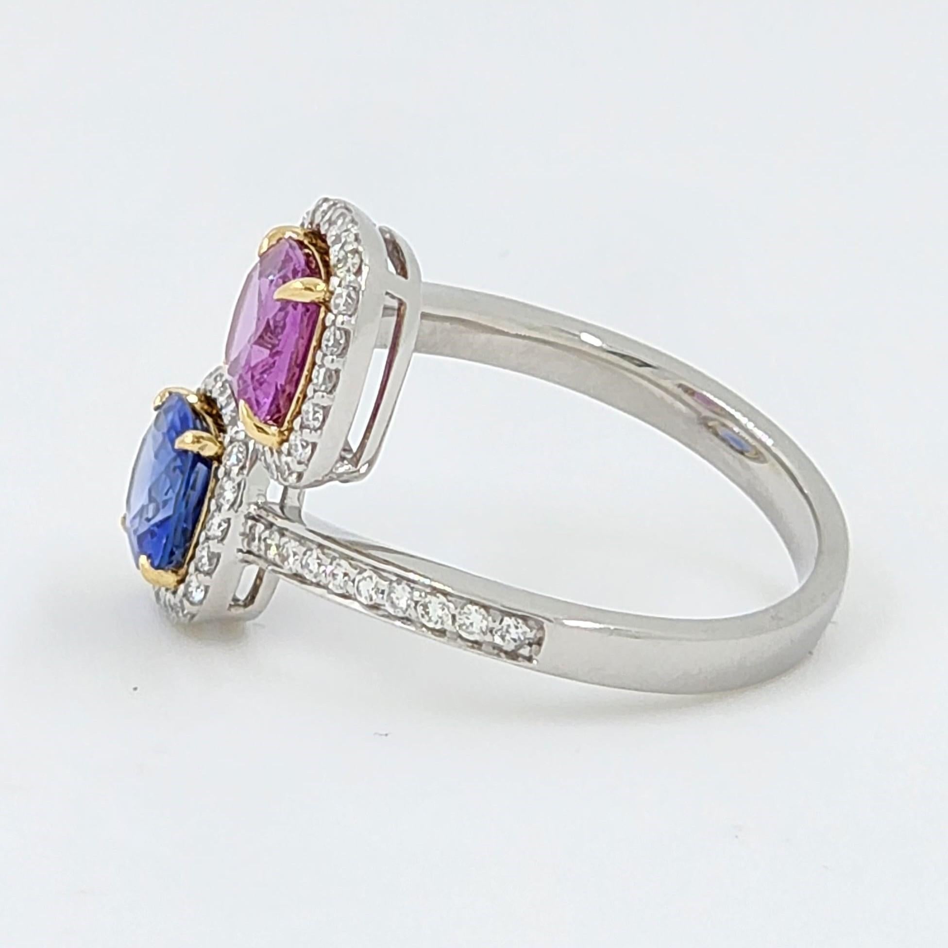 Baguette Cut Blue and Pink Sapphire Diamond Toi Et Moi Ring in 18 Karat Yellow and White Gold