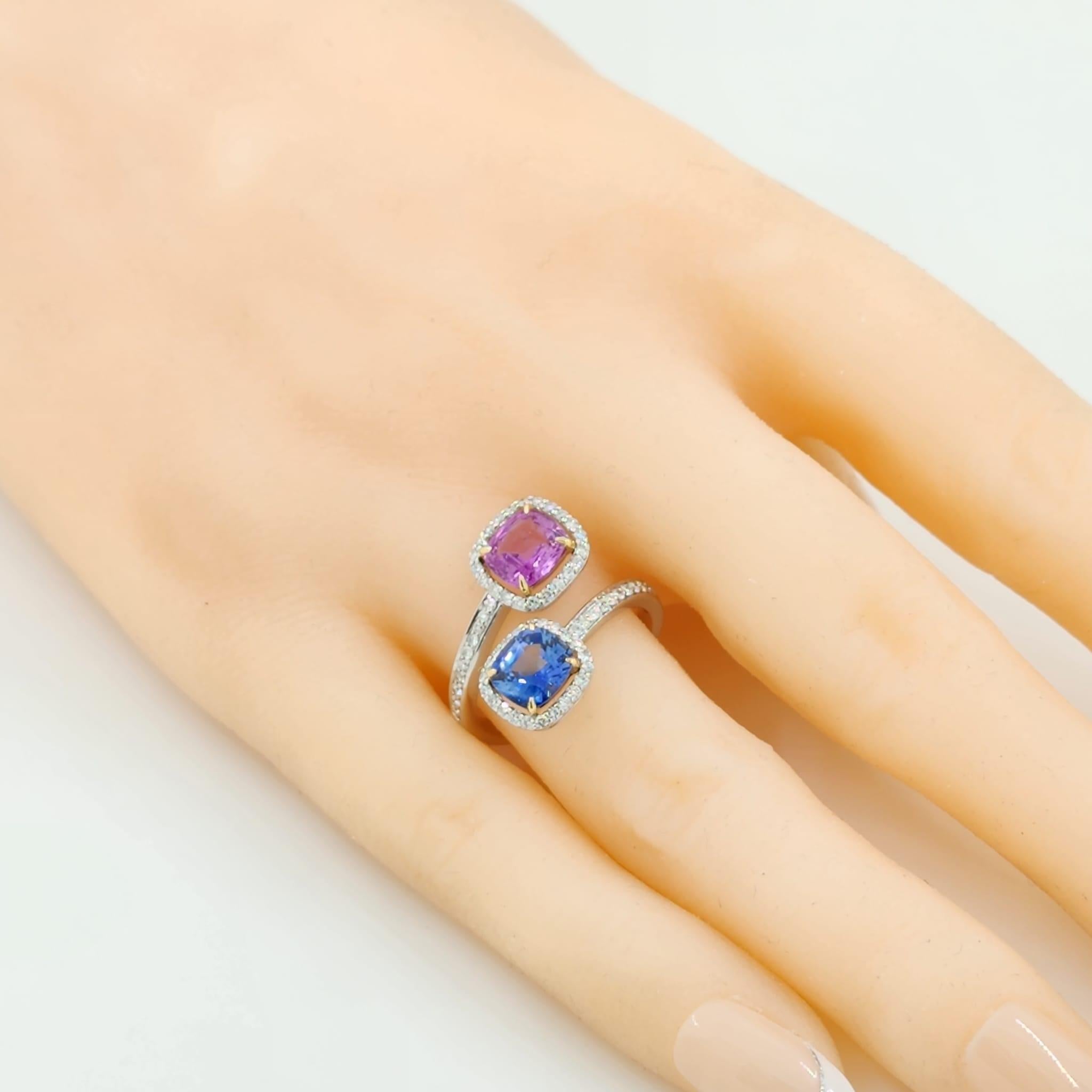 Women's Blue and Pink Sapphire Diamond Toi Et Moi Ring in 18 Karat Yellow and White Gold