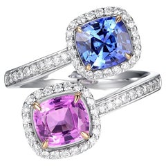 Blue and Pink Sapphire Diamond Toi Et Moi Ring in 18 Karat Yellow and White Gold