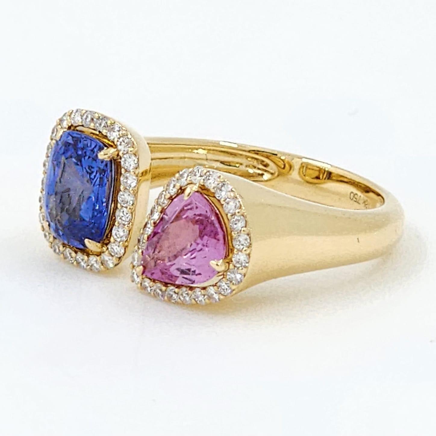 Toi Et Moi-Ring aus 18 Karat Gelbgold mit blauem und rosa Saphir und Diamant (Zeitgenössisch)