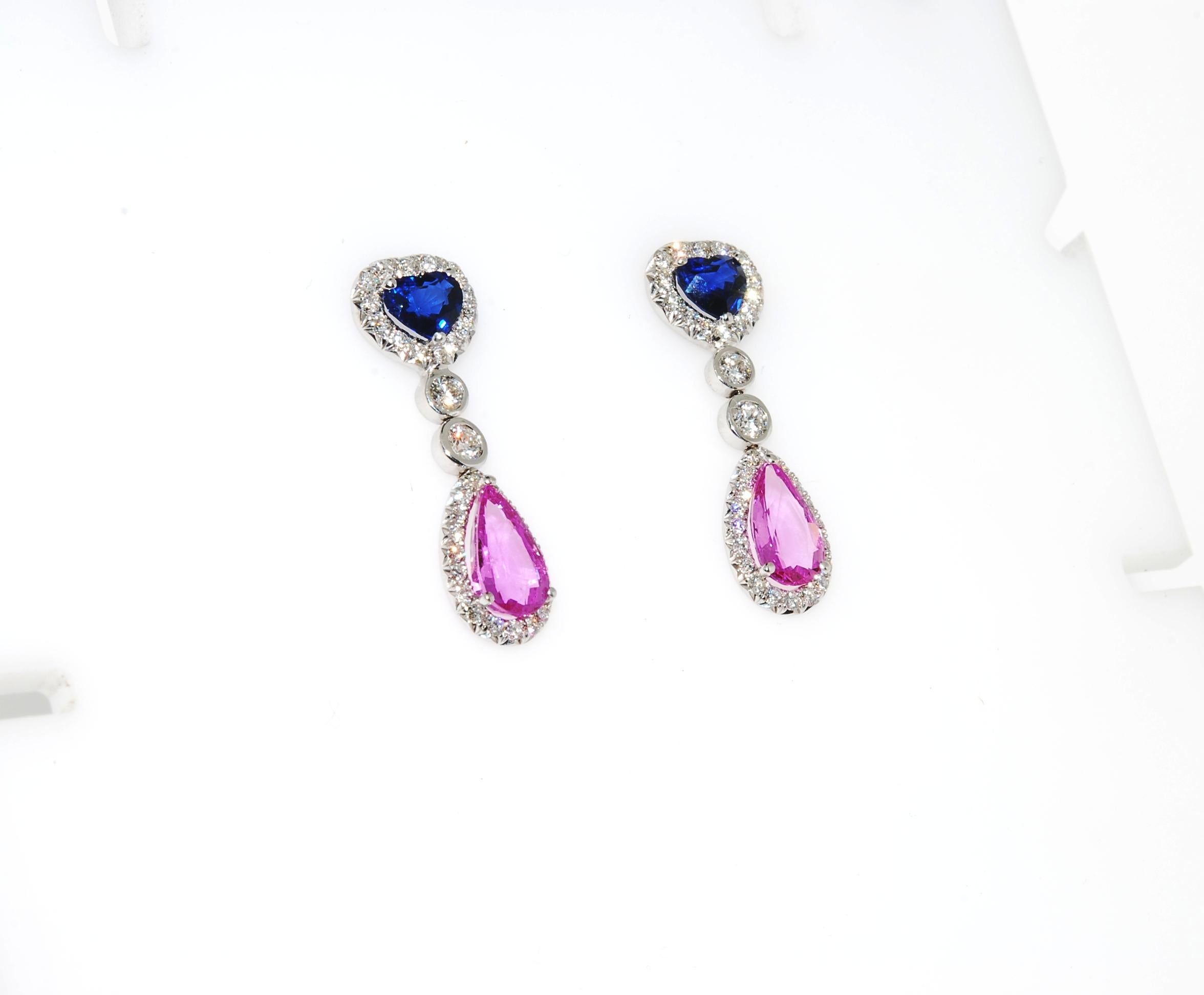 Modern Blue and Pink Sapphire 5.26 ctw Earrings with Diamond, 1.38ctw in 18 KWG For Sale