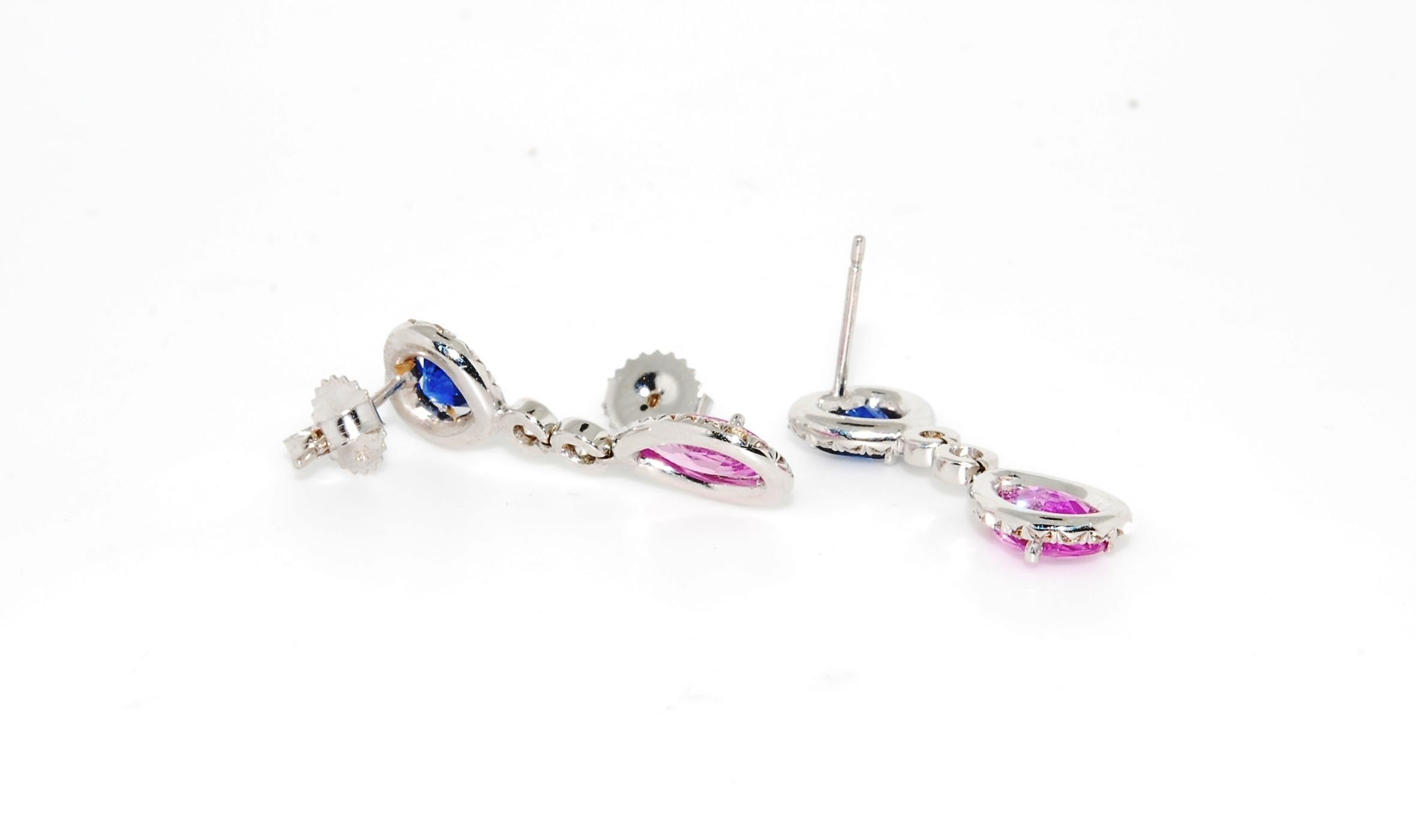 Pear Cut Blue and Pink Sapphire 5.26 ctw Earrings with Diamond, 1.38ctw in 18 KWG For Sale