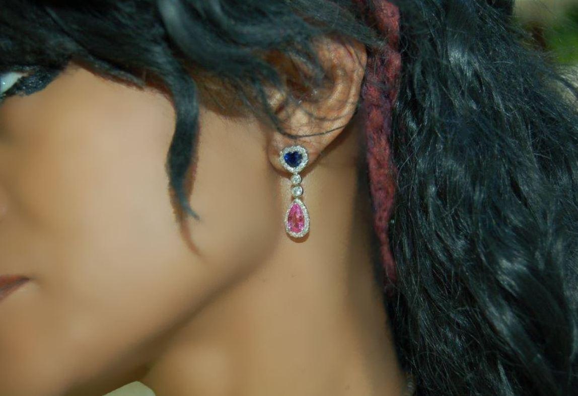 Blue and Pink Sapphire 5.26 ctw Earrings with Diamond, 1.38ctw in 18 KWG In New Condition For Sale In Lake Havasu City, AZ
