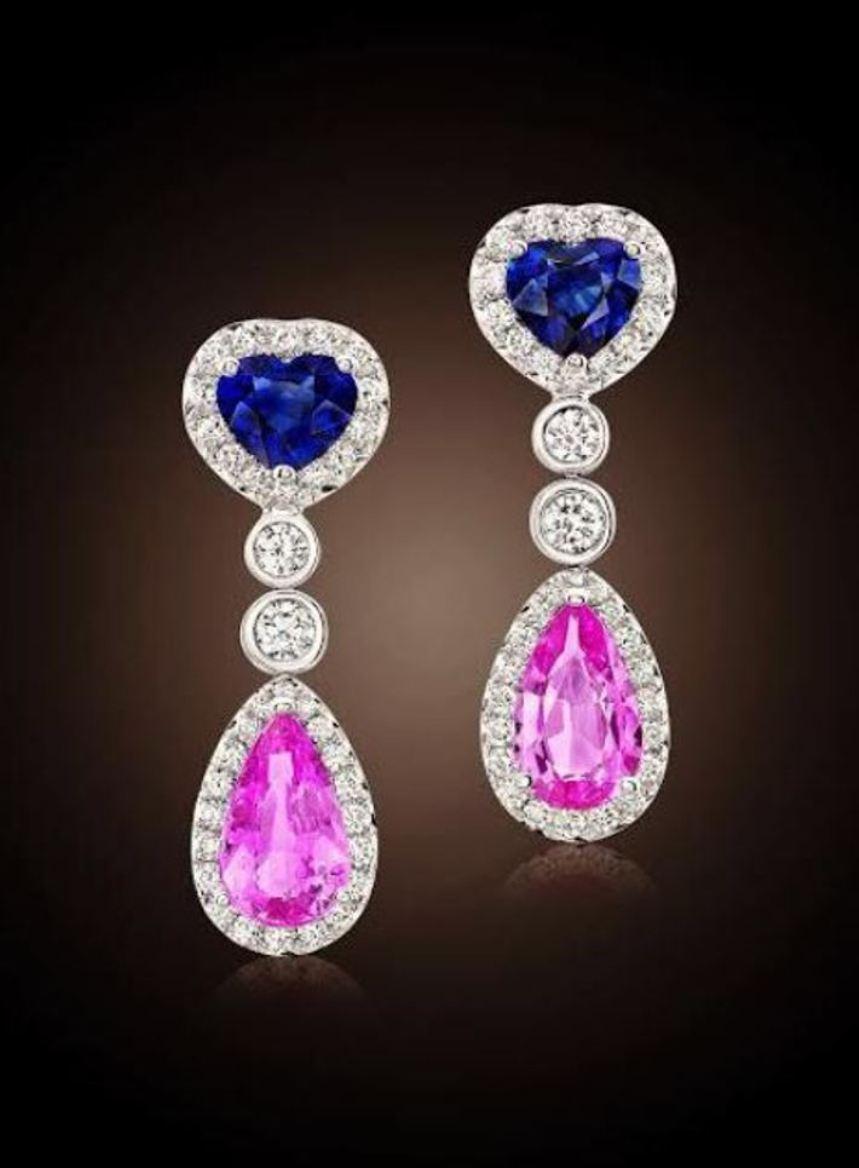 Women's Blue and Pink Sapphire 5.26 ctw Earrings with Diamond, 1.38ctw in 18 KWG For Sale