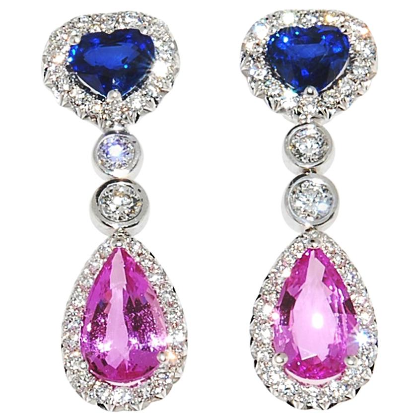 Blue and Pink Sapphire 5.26 ctw Earrings with Diamond, 1.38ctw in 18 KWG For Sale