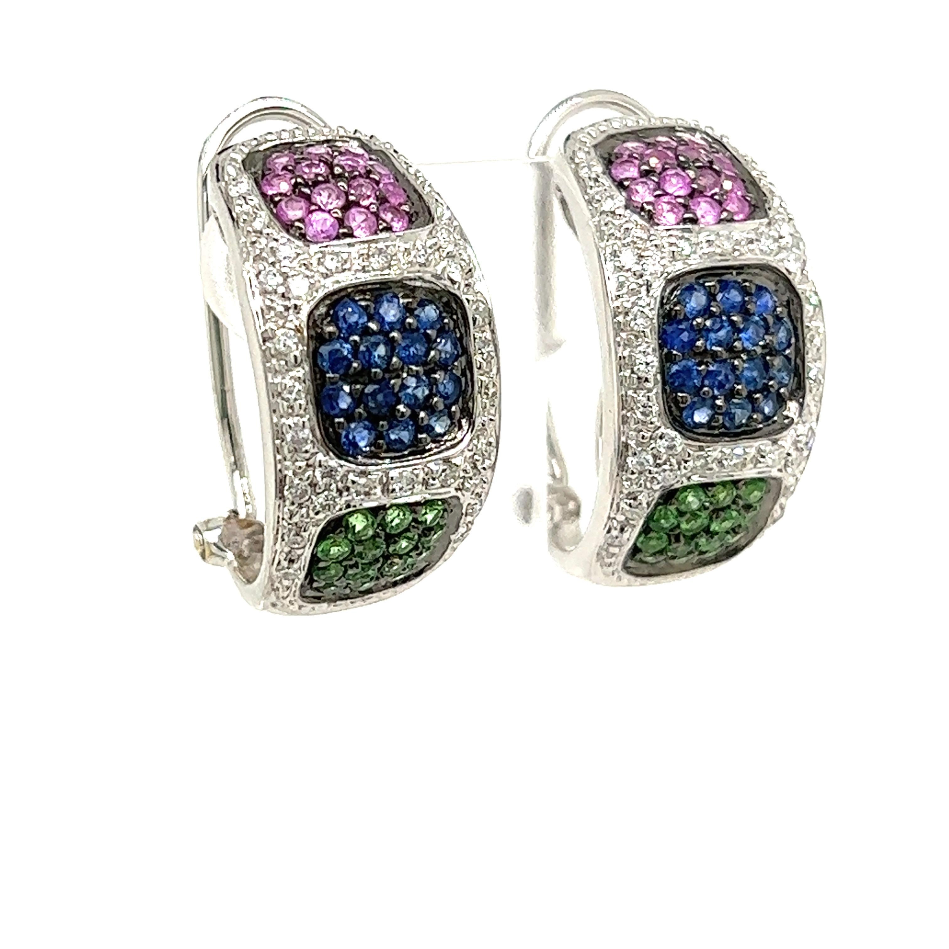 These earrings add a pop of color to your wardrobe. With .97cts of blue and pink sapphires, .37cts of green garnets and 1.05cts of white diamonds, G color, VS2 clarity, they are sure to sparkle!