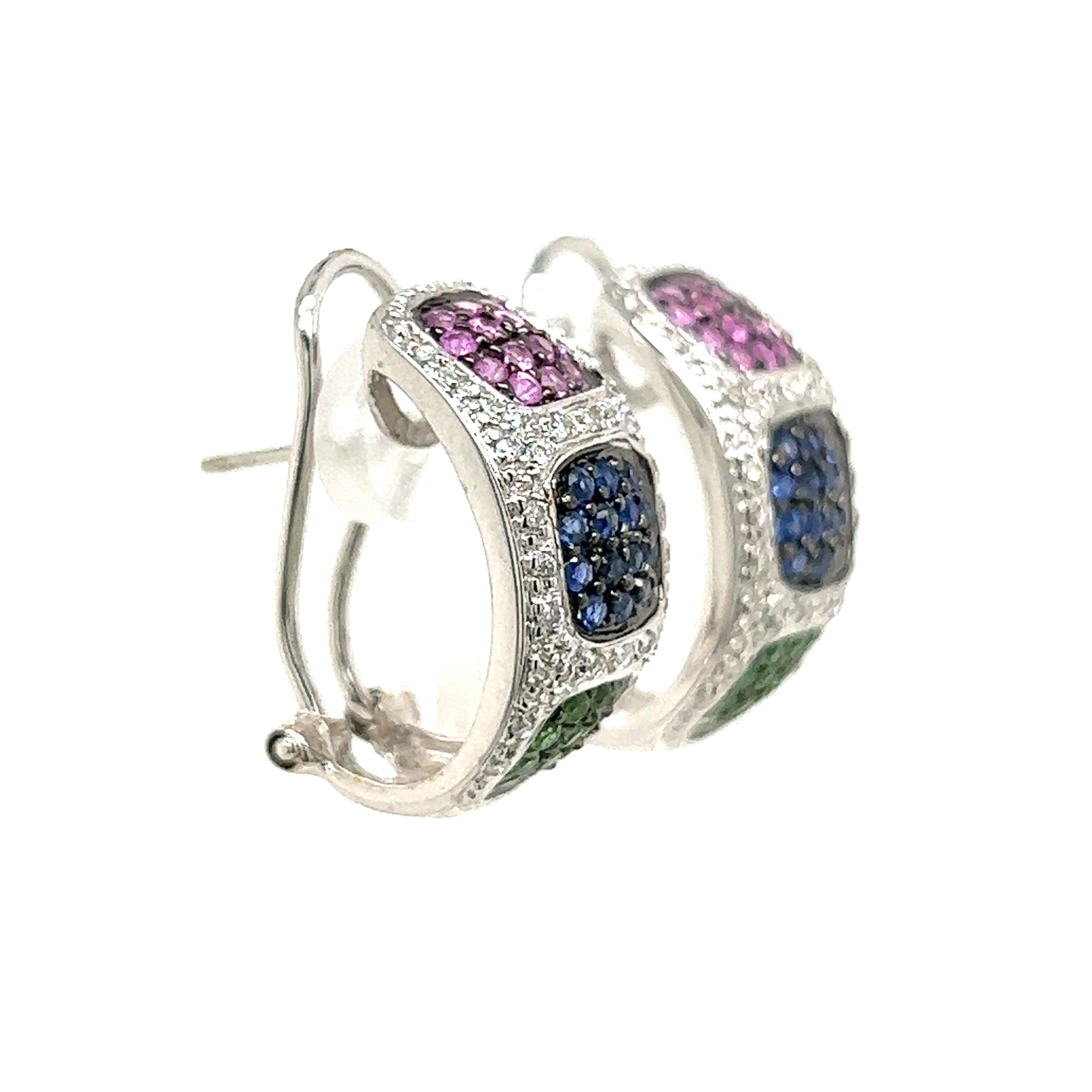 Round Cut Blue and Pink Sapphire, Garnet and Diamond Earrings For Sale