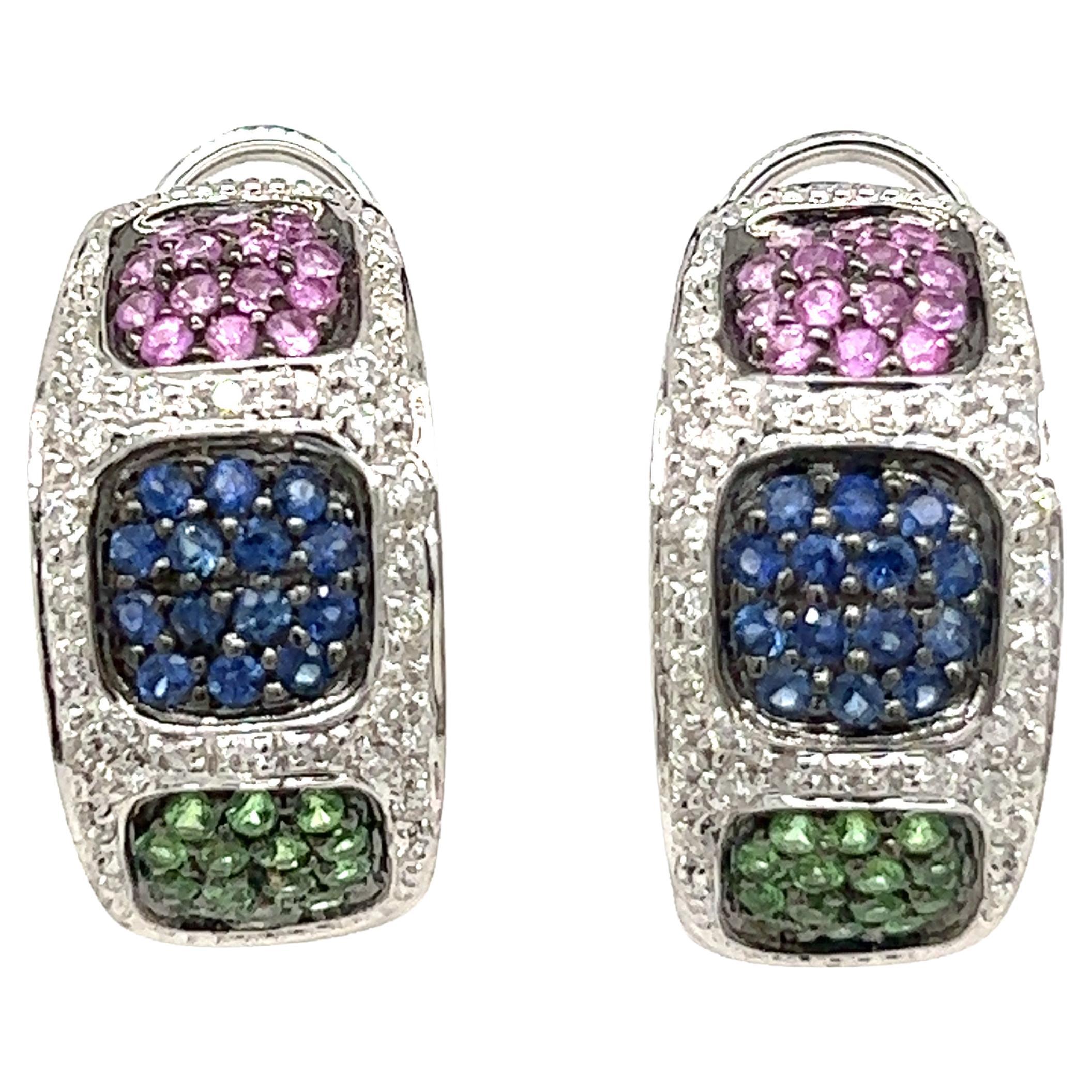 Blue and Pink Sapphire, Garnet and Diamond Earrings For Sale