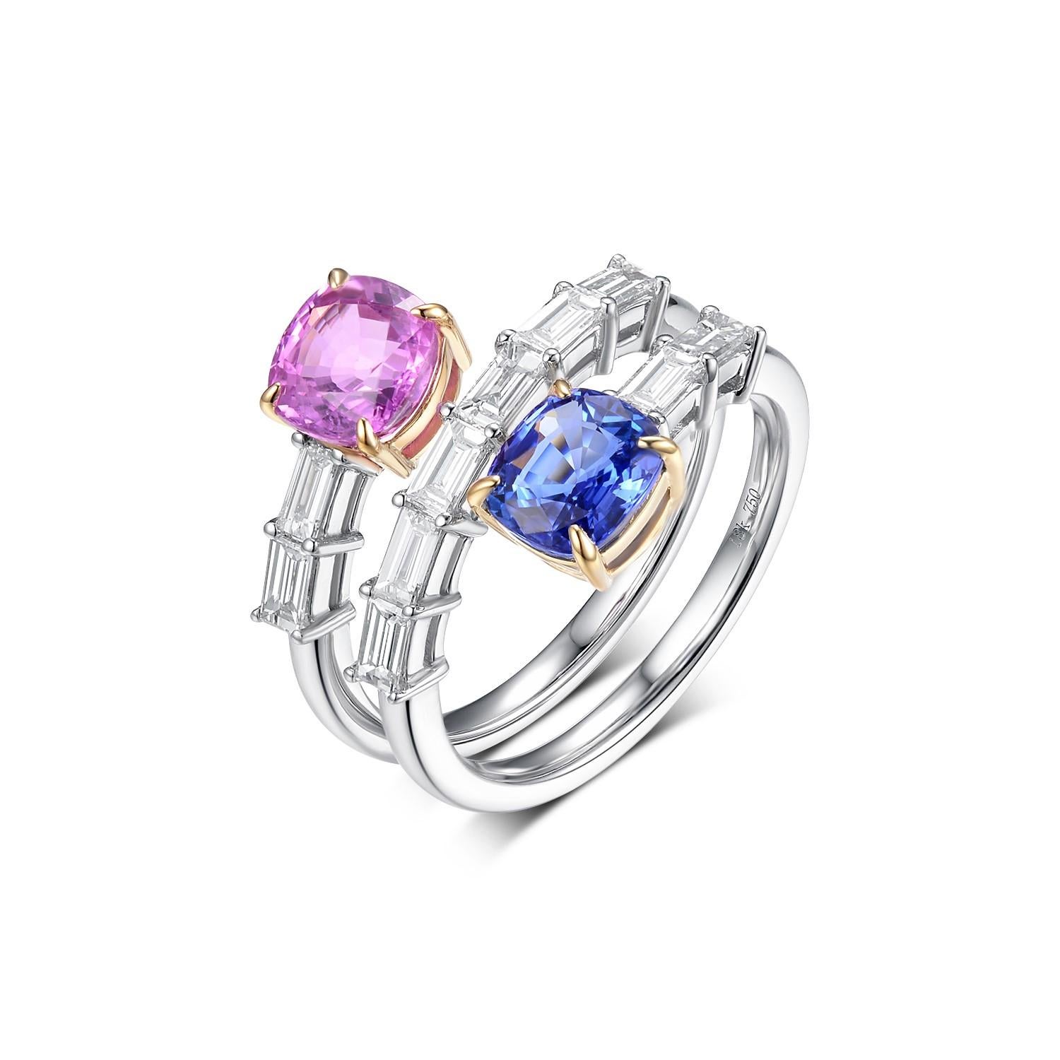 This Blue and Pink Sapphire Toi Et Moi Diamond Ring is a captivating representation of romance, sophistication, and harmony. Designed with exquisite craftsmanship in 18 Karat Yellow and White Gold, the ring celebrates a poetic fusion of two vibrant