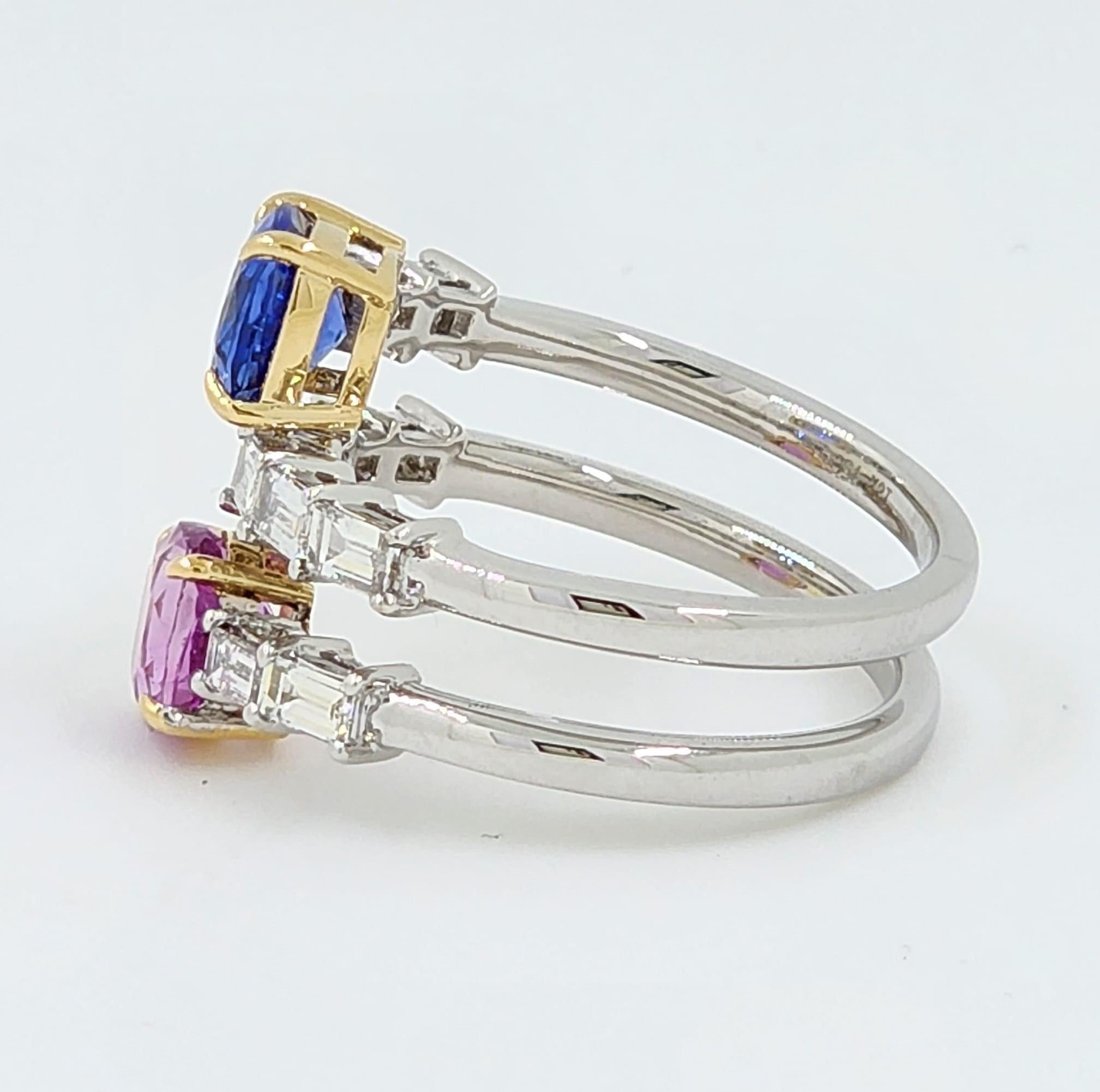 Contemporary 3.45 Carat Blue and Pink Sapphire Toi Et Moi Diamond Ring in 18 Karat White Gold For Sale
