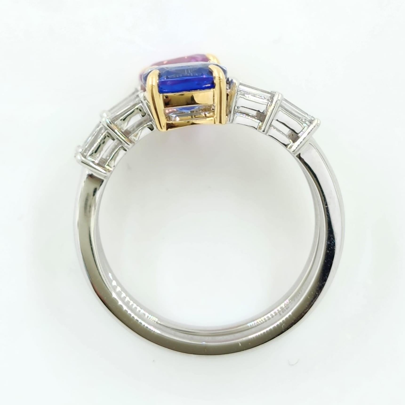 Baguette Cut 3.45 Carat Blue and Pink Sapphire Toi Et Moi Diamond Ring in 18 Karat White Gold For Sale