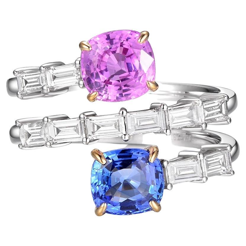 Blue and Pink Sapphire Toi Et Moi Diamond Ring in 18 Karat Yellow and White Gold