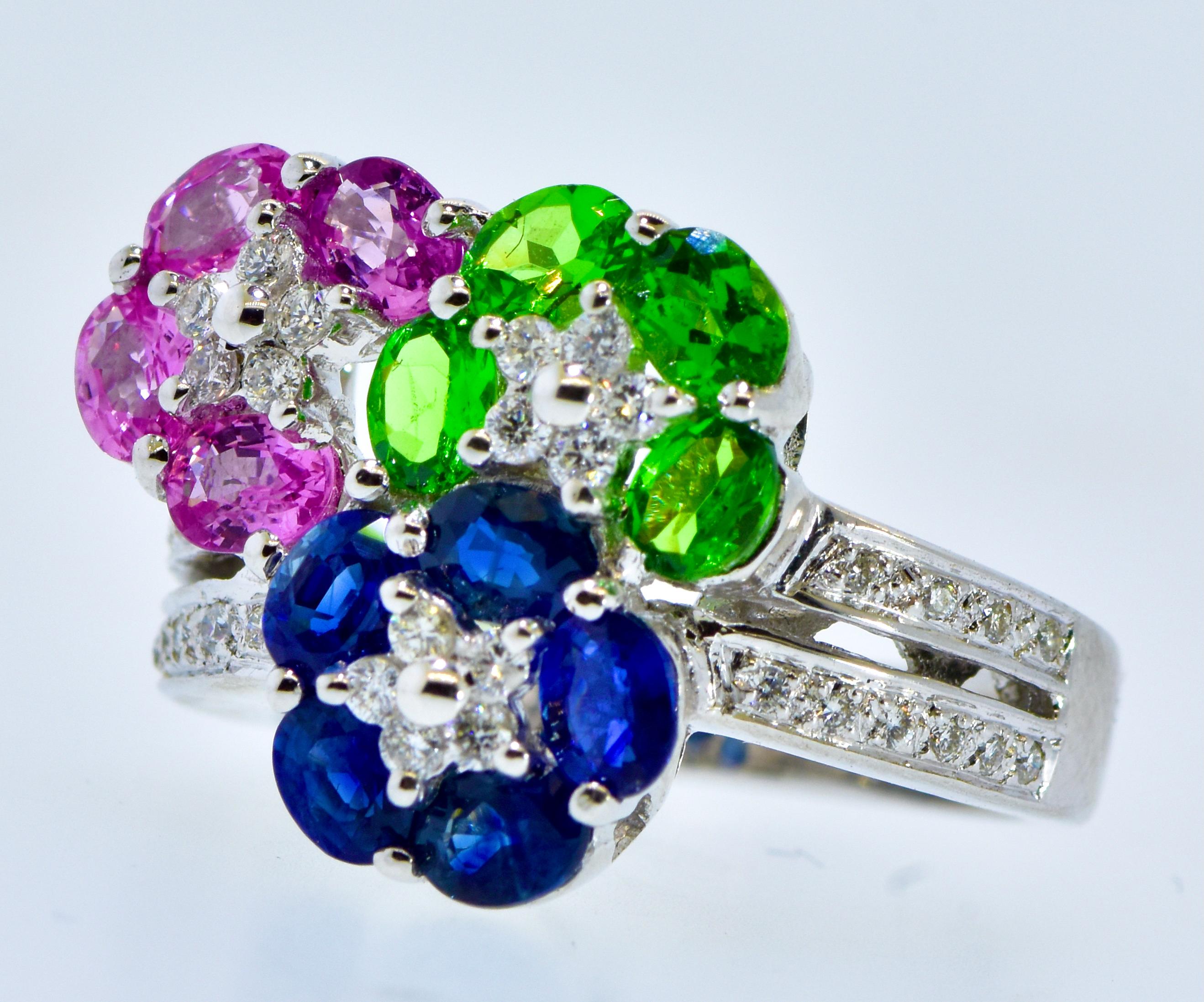 Contemporary Blue and Pink Sapphire, Tsavorite and Diamond Fine White Gold Ring by LeVian For Sale