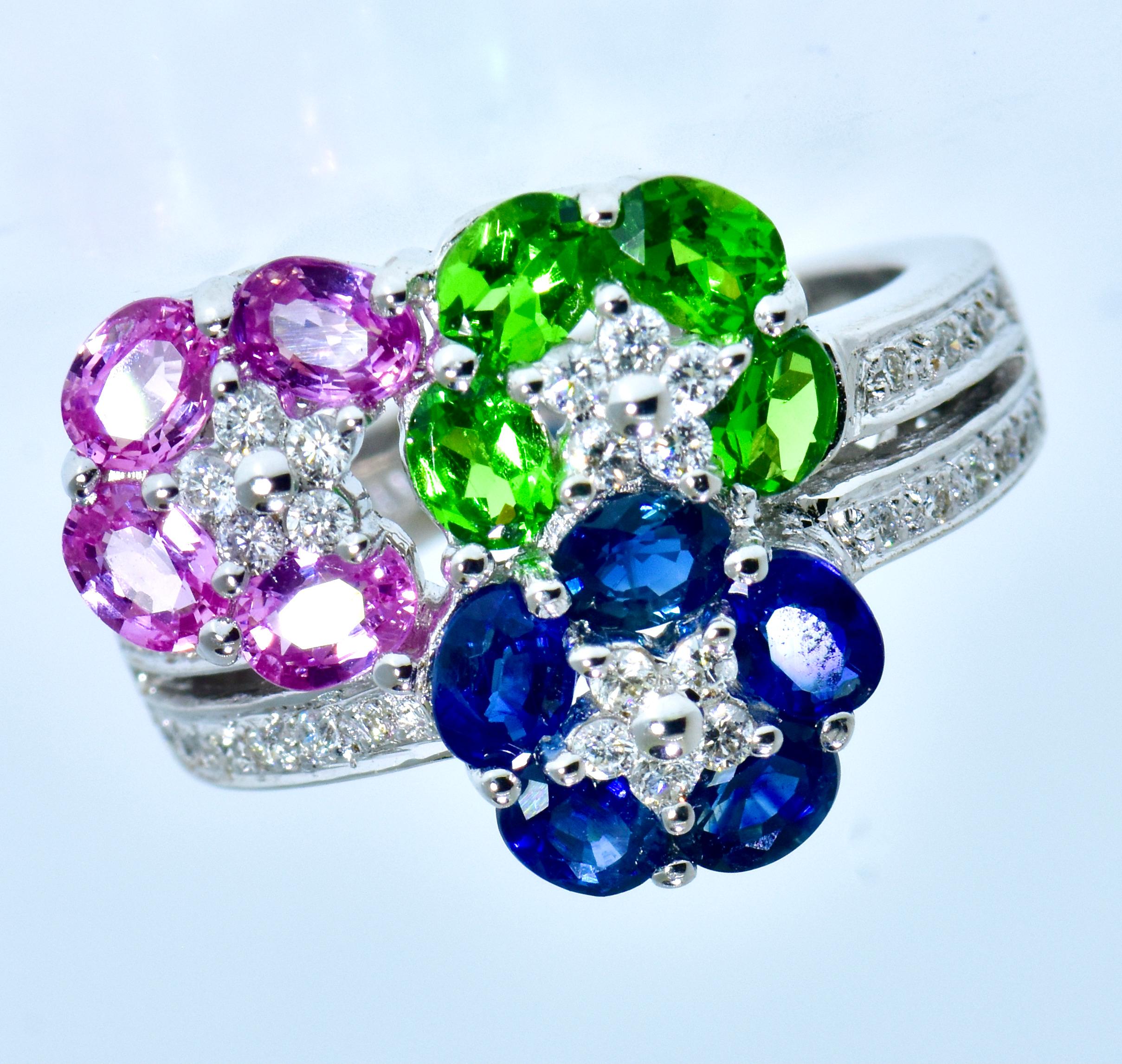 Brilliant Cut Blue and Pink Sapphire, Tsavorite and Diamond Fine White Gold Ring by LeVian For Sale