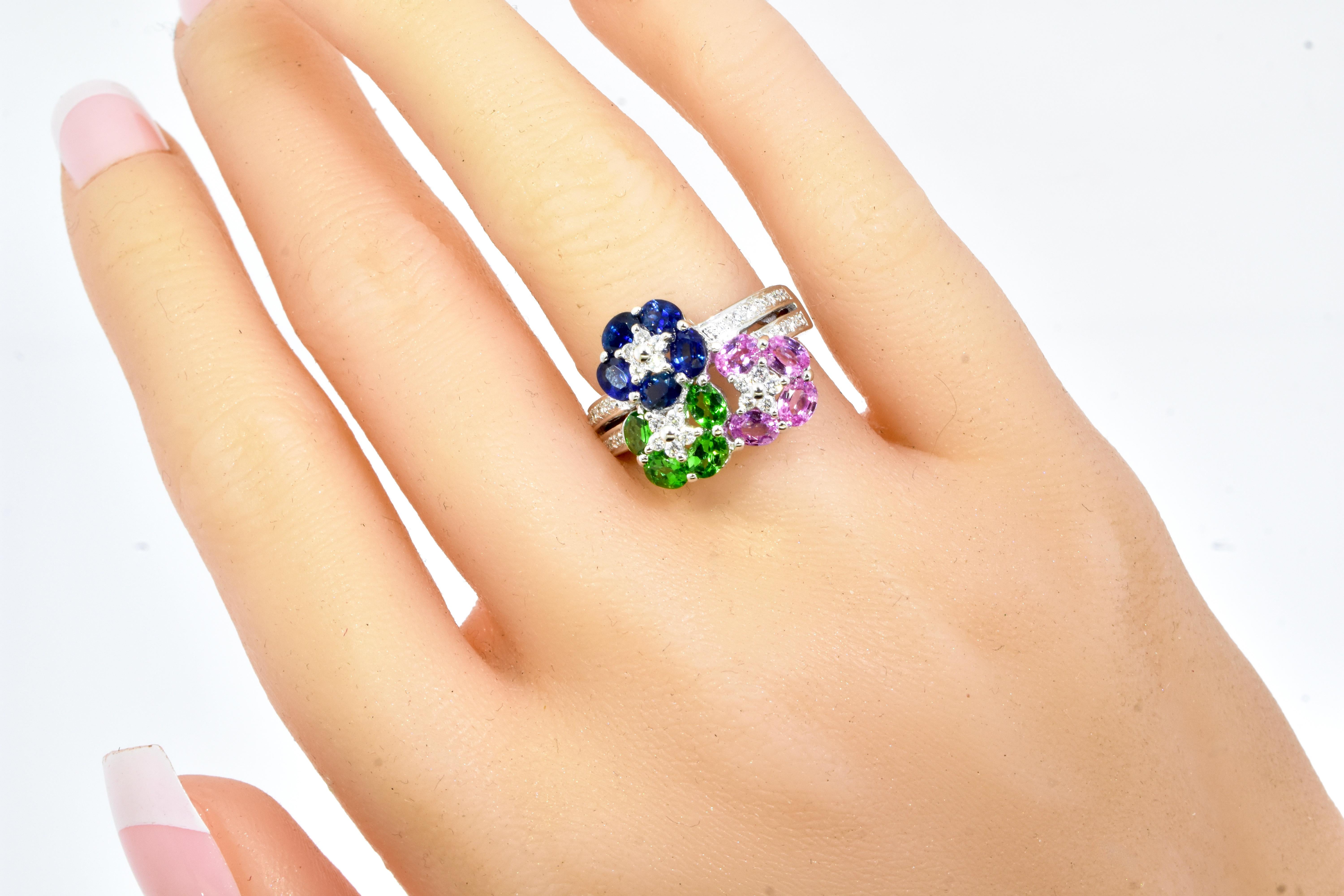 Blue and Pink Sapphire, Tsavorite and Diamond Fine White Gold Ring by LeVian For Sale 1