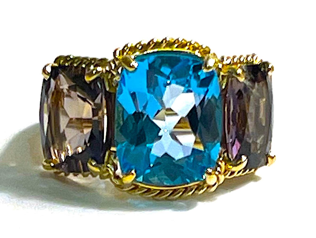 Blue and Pink Topaz Gold Three Stone Ring with Rope Twist Border For Sale 6