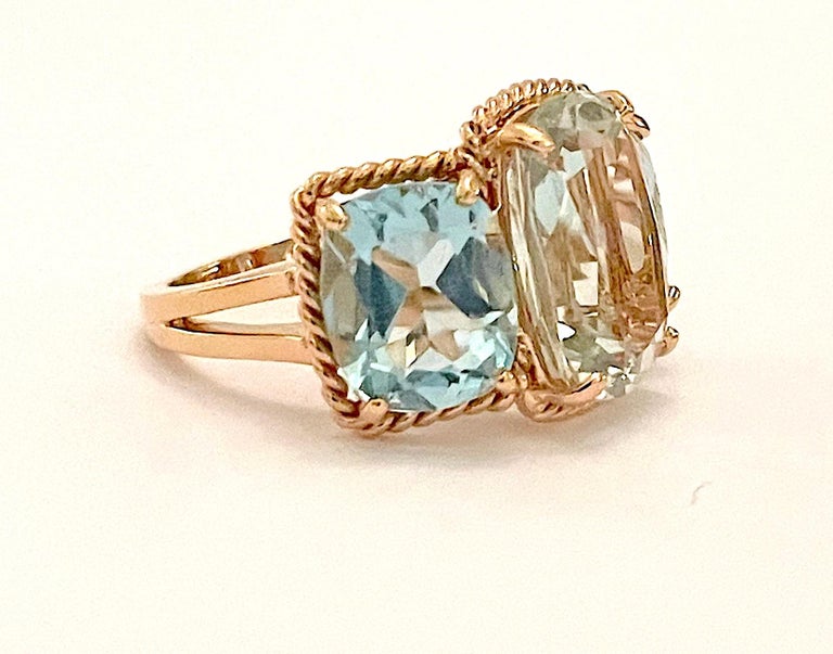 Blue and Pink Topaz Gold Three Stone Ring with Rope Twist Border For Sale 13