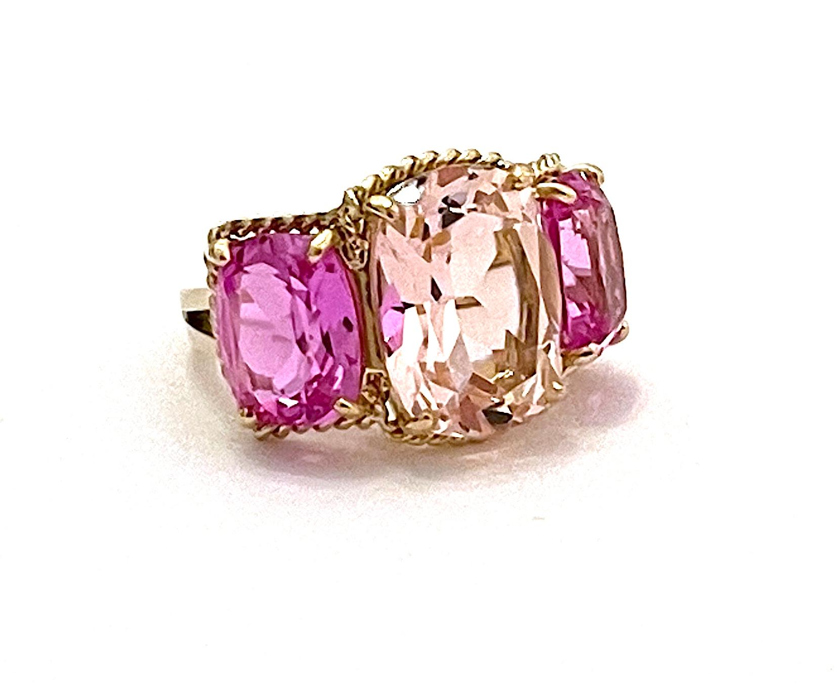 Blue and Pink Topaz Gold Three Stone Ring with Rope Twist Border For Sale 12
