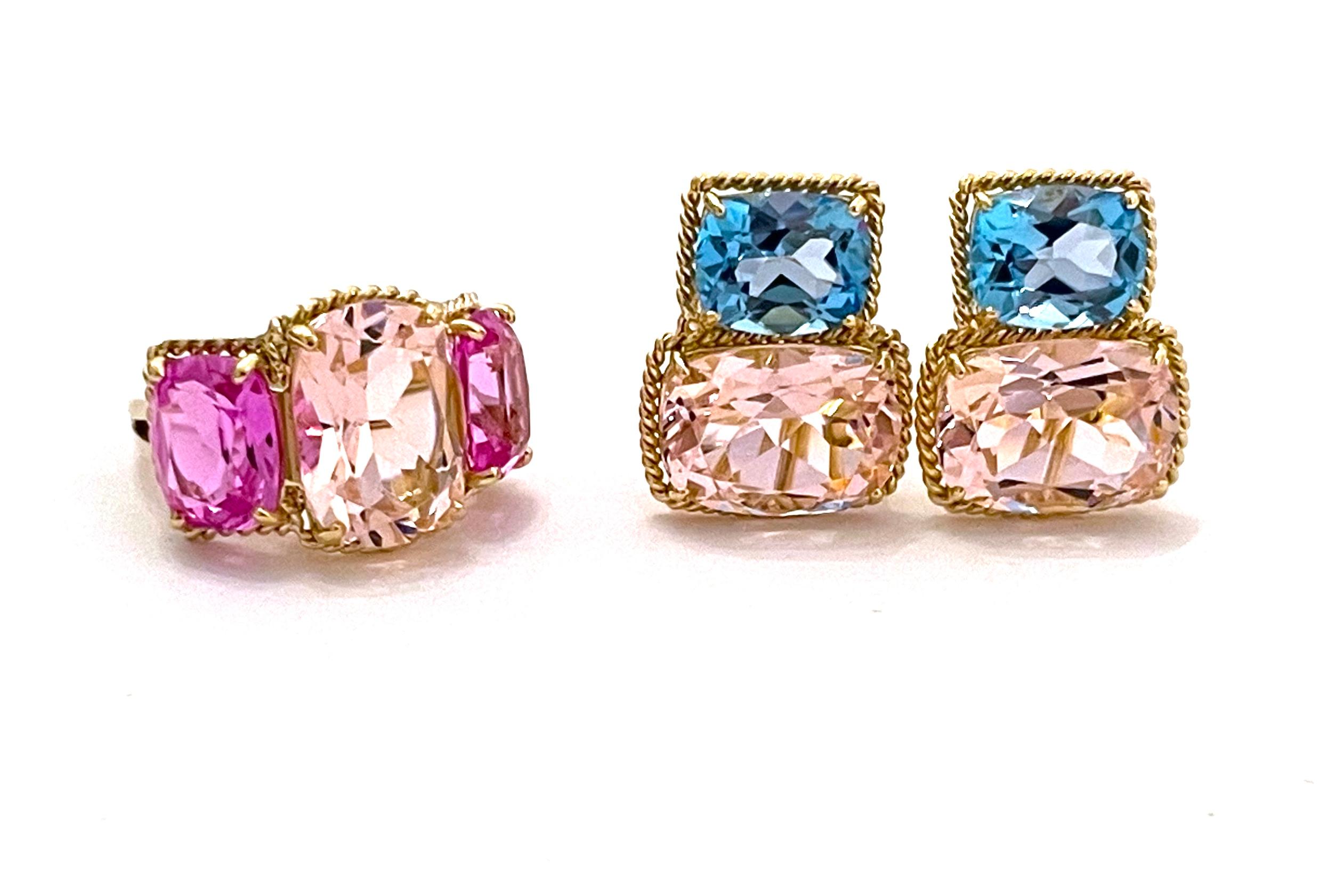 Cushion Cut Blue and Pink Topaz Gold Three Stone Ring with Rope Twist Border For Sale