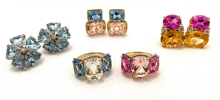 Blue and Pink Topaz Gold Three Stone Ring with Rope Twist Border For Sale 2
