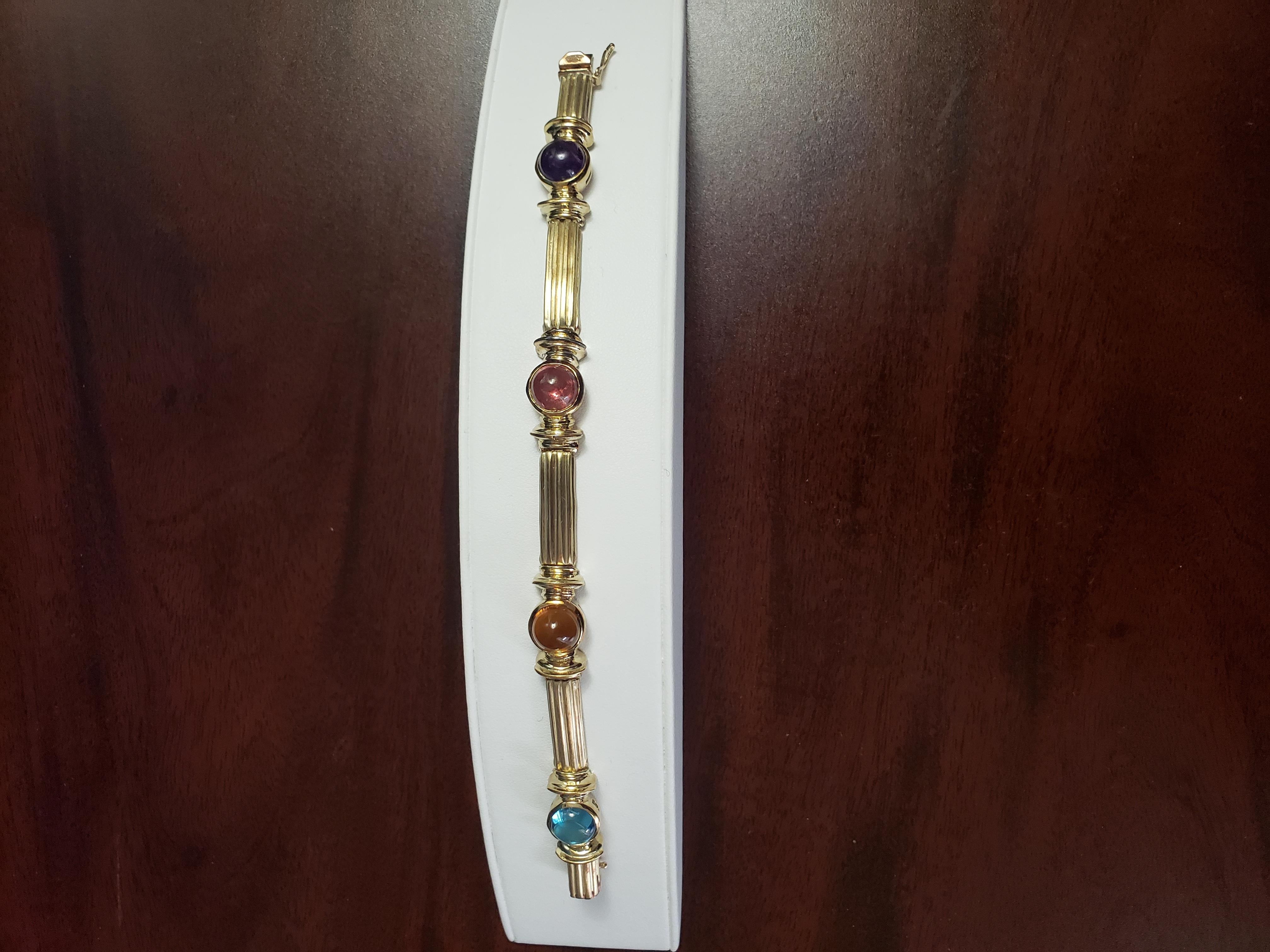 Women's or Men's NEW Blue and Pink Tourmaline, Amethyst, Citrine Bracelet in 14k Yellow Gold For Sale
