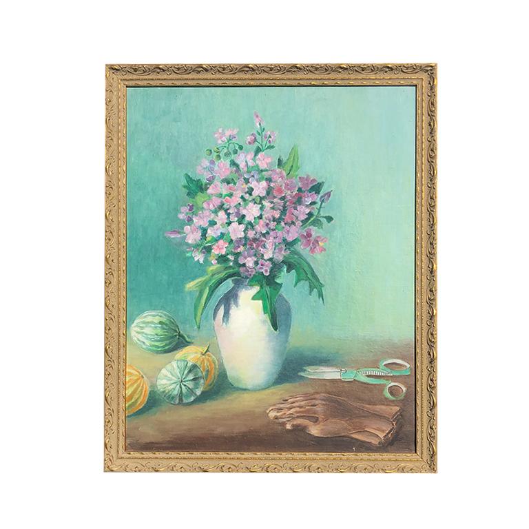 American Classical Blue and Purple Floral Painting in Gilt Frame