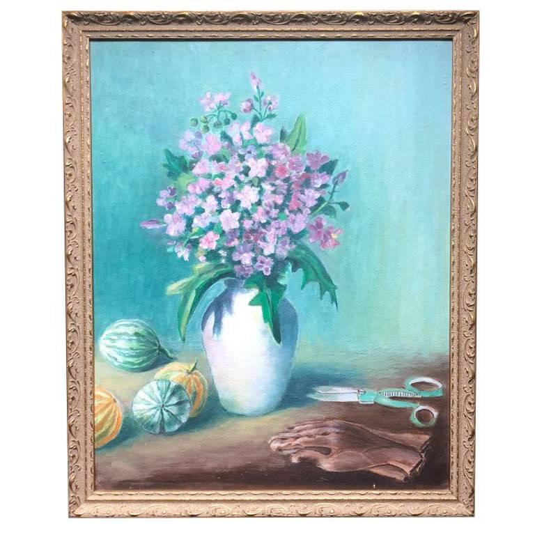 Blue and Purple Floral Painting in Gilt Frame