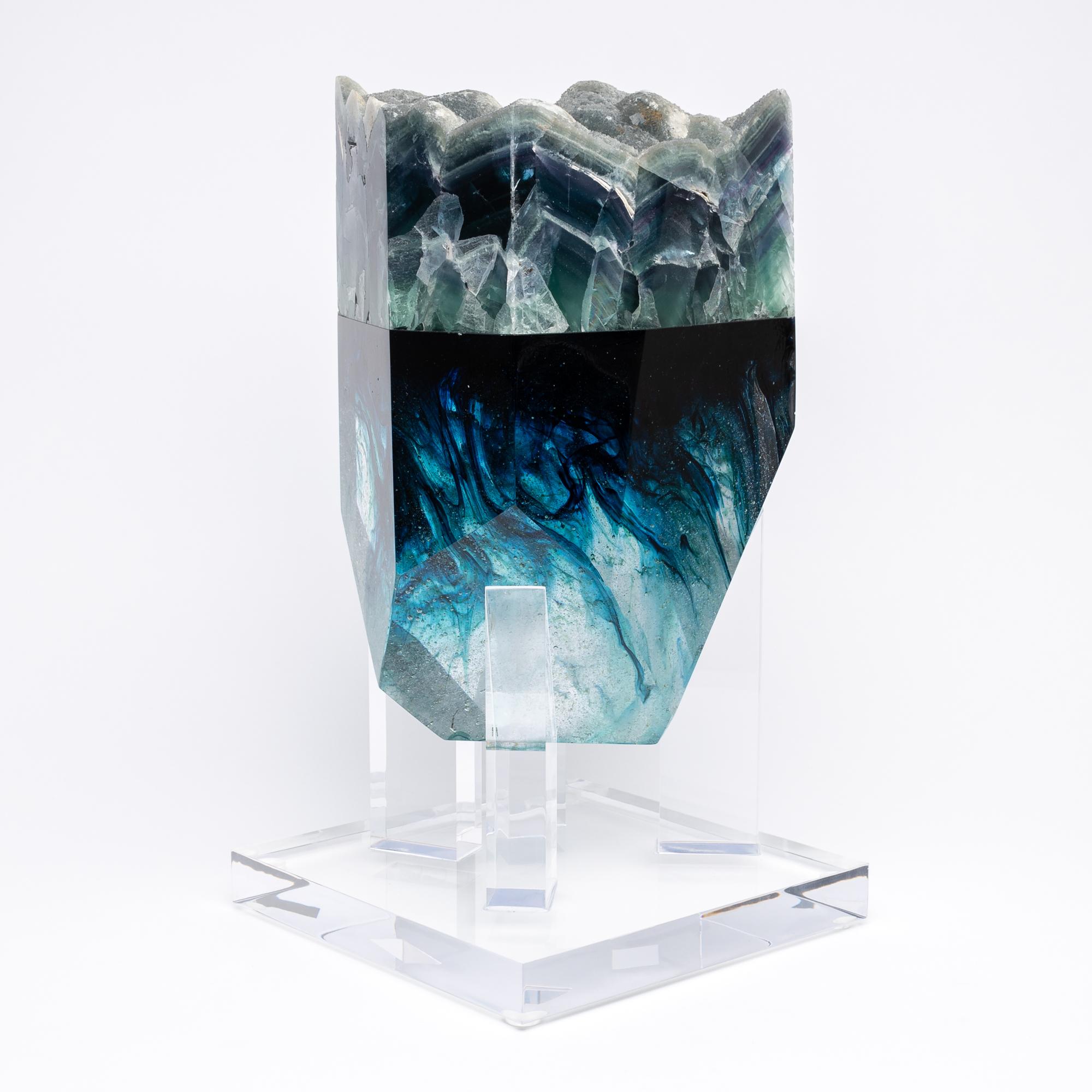 Organic Modern Blue and Purple Fluorite and Glass Sculpture on Acrylic Base