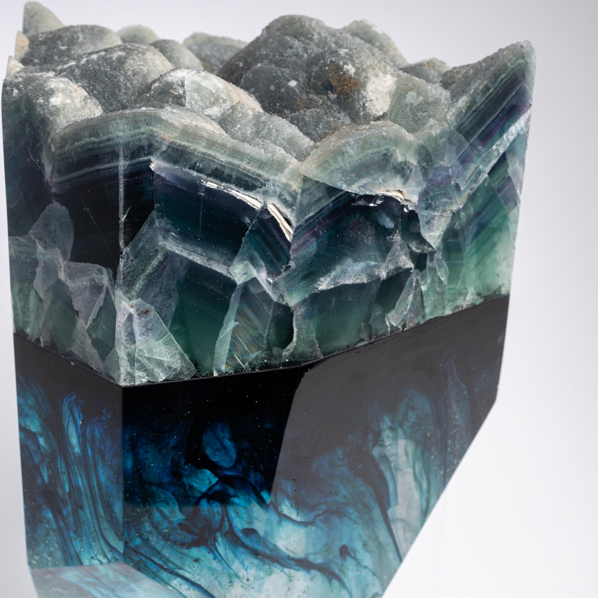 Mexican Blue and Purple Fluorite and Glass Sculpture on Acrylic Base